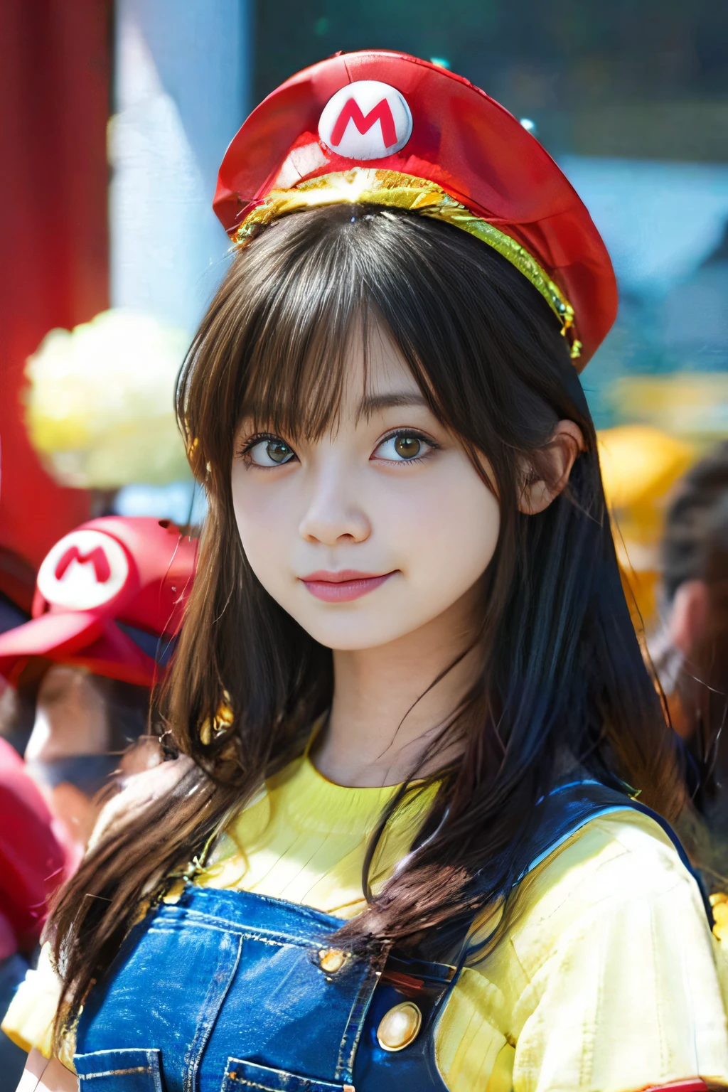 Create a realistic image with 16:9 aspect ratio, Capture idol Eri Kamei in Super Mario fun cosplay of Super Mario Bros. series. She should be decorated with a red hat of Mario's signature, 「M」のエンブレムを目立つように表示. Her outfit should consist of Mario's iconic blue overalls. For a playful touch, Add a black mustache and beard to her face. The whole essence of the image is、It should give off cuteness, Combining Mario's adventurous spirit with the charm of Eri Kamei. The setting, Lighting, And every detail should contribute to the realism of the image, Pretend that Eri Kamei really transformed into Mario one day."