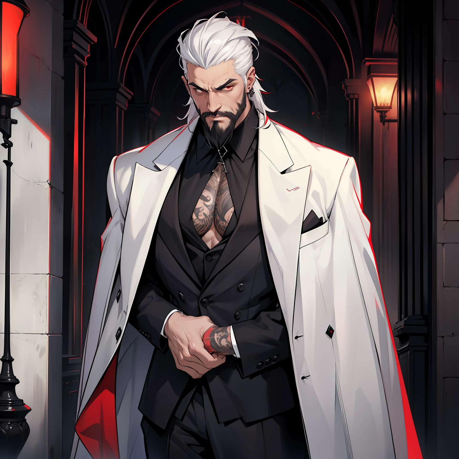 A tall and imposing grim reaper with short, slicked back white hair, a perfectly groomed beard, and piercing red eyes. He exudes confidence and carries himself with a sly and mysterious aura. Wearing lingerie.