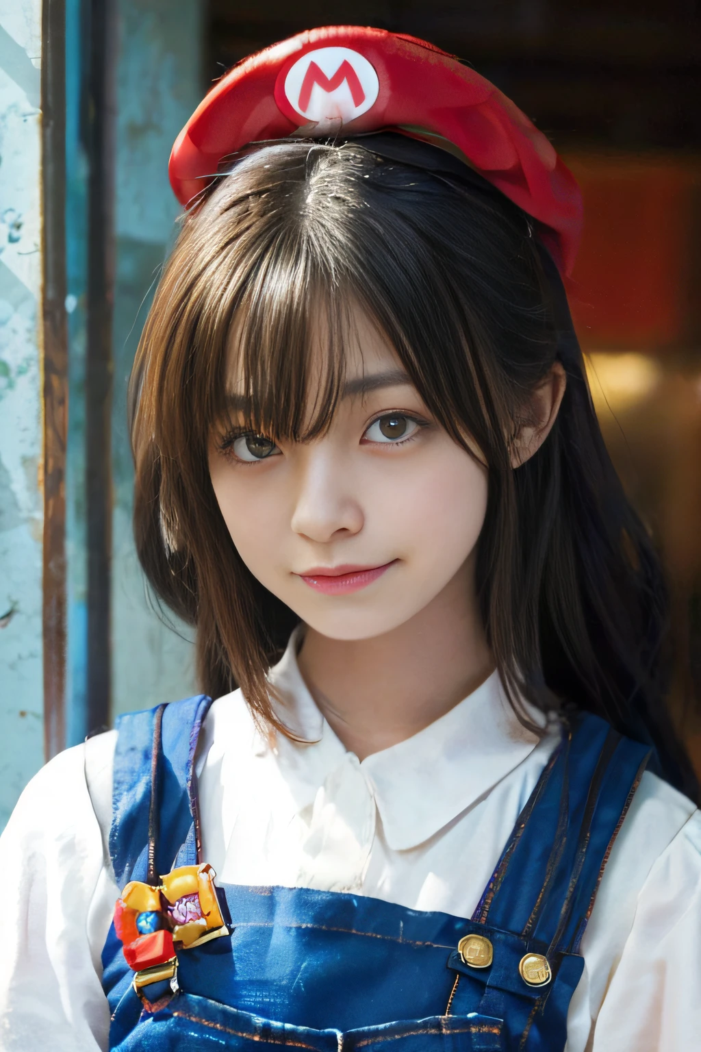 Create a realistic image with 16:9 aspect ratio, Capture idol Eri Kamei in Super Mario fun cosplay of Super Mario Bros. series. She should be decorated with a red hat of Mario's signature, 「M」のエンブレムを目立つように表示. Her outfit should consist of Mario's iconic blue overalls. For a playful touch, Add a black mustache and beard to her face. The whole essence of the image is、It should give off cuteness, Combining Mario's adventurous spirit with the charm of Eri Kamei. The setting, Lighting, And every detail should contribute to the realism of the image, Pretend that Eri Kamei really transformed into Mario one day."
