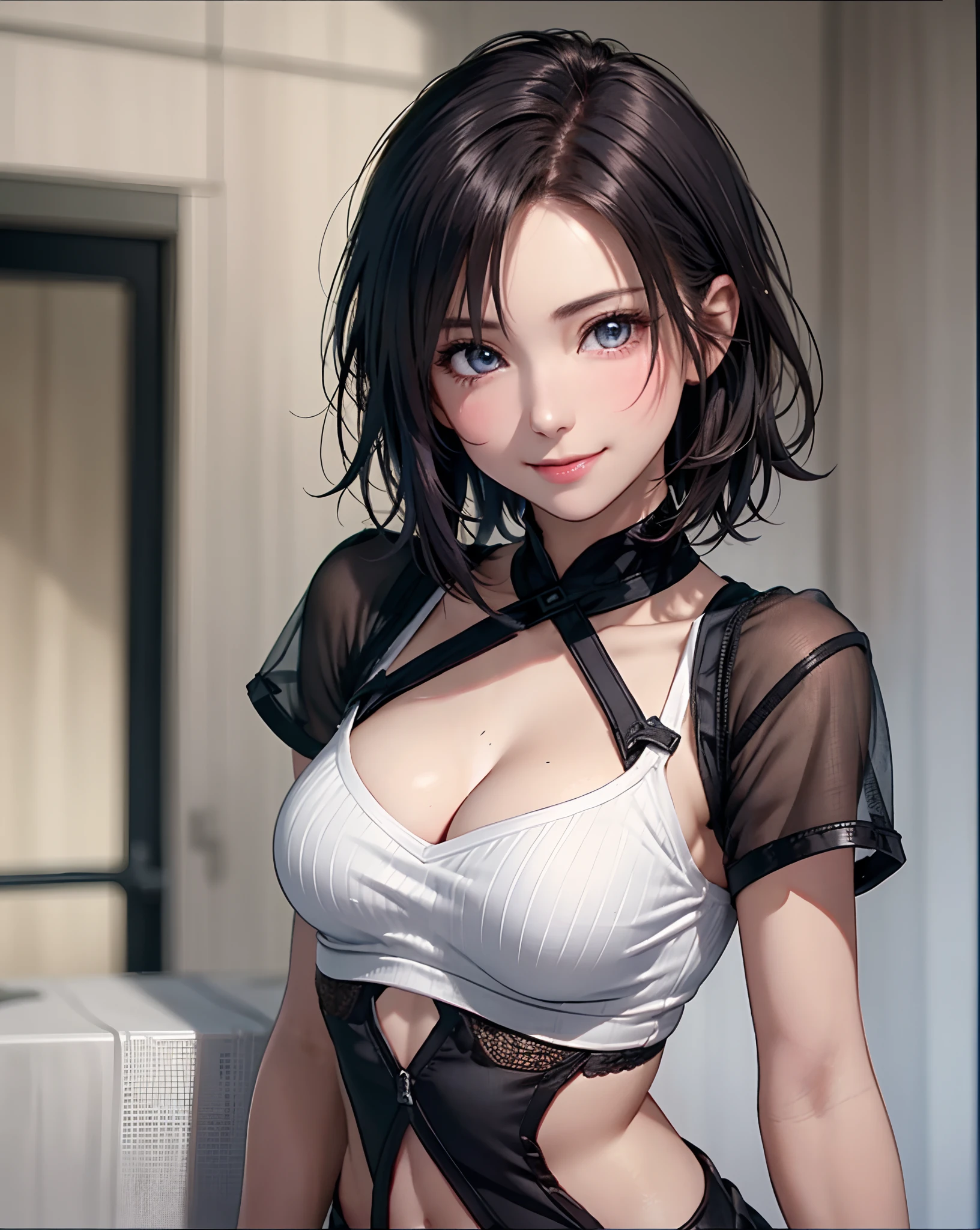Best Quality, Ultra High Resolution, (Photorealistic: 1.4), Beautiful Eyes, Super Beautiful, Very Short Hair, Beautiful, Sweetheart, T-shirt with Rough Chest, Beautiful Soldier, Eyes That Invite Viewer, Lover's Perspective, Inviting Expression, Sexy Smile, Perfect Style, Perfect Balance, Detailed Skin, Naughty Gaze, Chest Visible