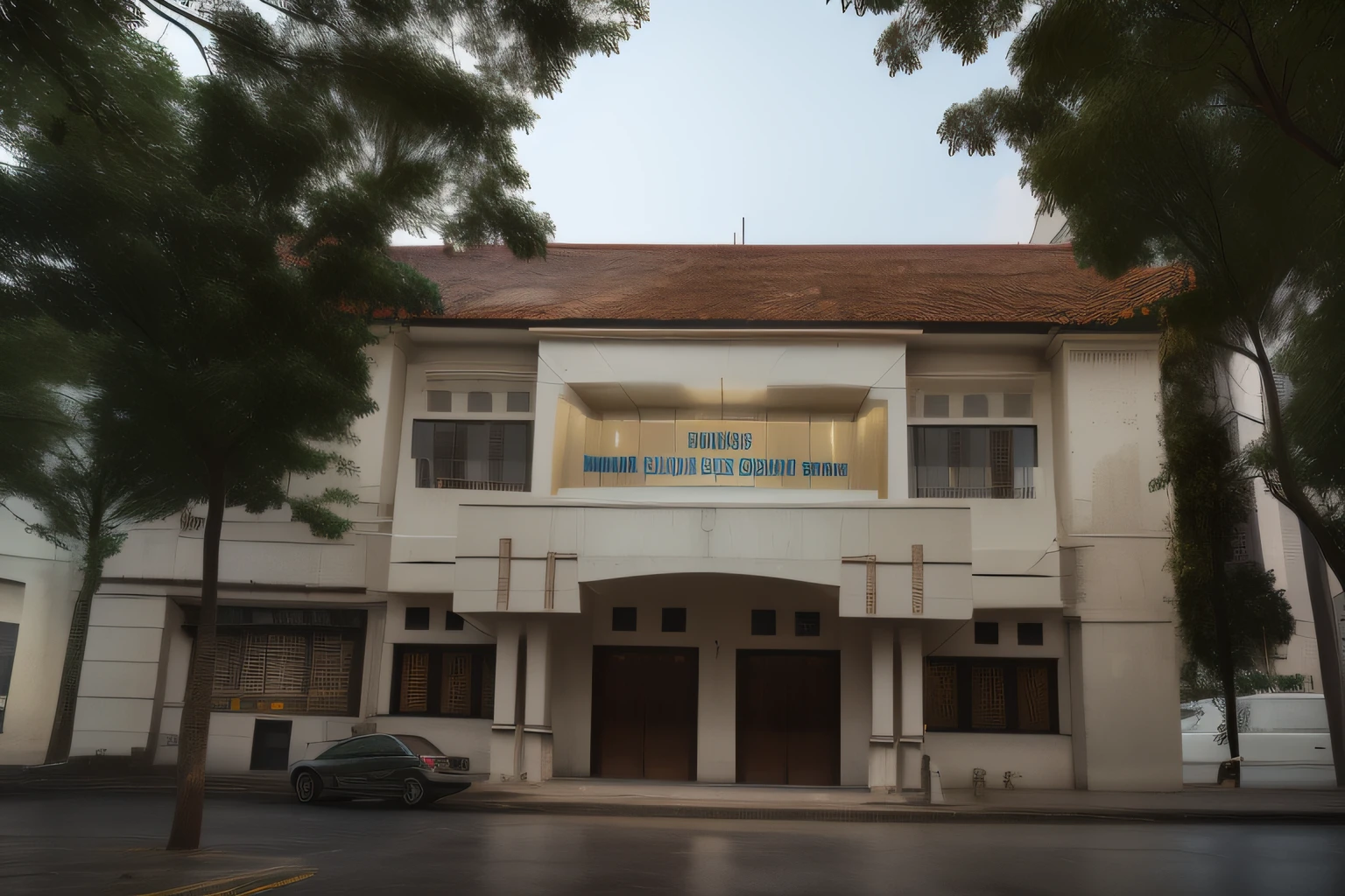 a building with a sign on it, frontview, front view, front side view, front-view, front side, old building, town hall, kuntilanak, museum, police station, centre image, view from front, seen from outside, exterior view, concert hall, khedival opera house, outside view, building facing