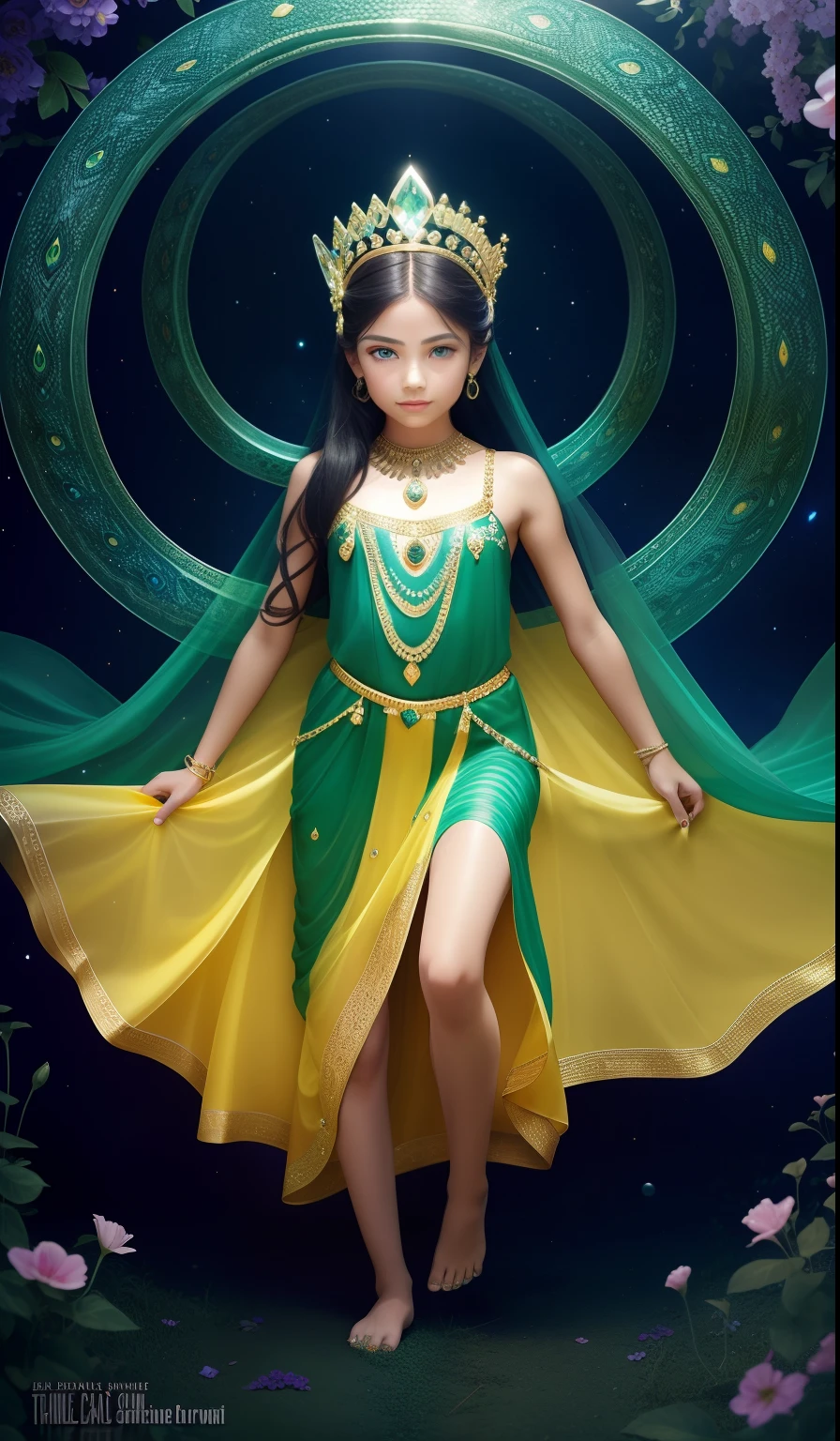 In the garden of the void, A beautiful little girl,Six years old,green colored skin,Four arms,trident,Peacock Ling,Black snake in hand,There are six snakes on the head,The body is decorated with many black snakes,Leopard skin apron,Yellow skirt,white streamer,Delicate and radiant skin,Barefoot,(Long curved eyebrows),Beautiful eyes sparkle,The large, Jewel-like eyes sparkle,Clear pupils have reflected light,二重まぶた,Lying silkworm,looks into camera,((Plump and rosy lips)) Clearly visible,((Flushed cheeks)),The mandible is plump,Green skin is delicate and smooth,Delicate skin translucent,A delicate and dexterous crown,inlaid gemstones,Delicate and skillfully set gemstones,(Yellow dress),Perfectly designed jewelry is exquisite,Beautiful eyes looking directly at the camera,(((nice hand))),((((Good feet))),(((good legs))),Realistic skin,((Correct body structure)),Yellow costume,Blue sky,Head background with round light,Behind him is a colorful rainbow circle,Color glow is turned on,Front lighting,Positive light,No shadows on the face,There are no shadows on the body,Blue sky,Unreal space,ethereal world,dreamworld,with blue sky and white clouds,tmasterpiece,4K,ultra-definition,professional photoshooting,Perspective looks up,Standard lens shooting,