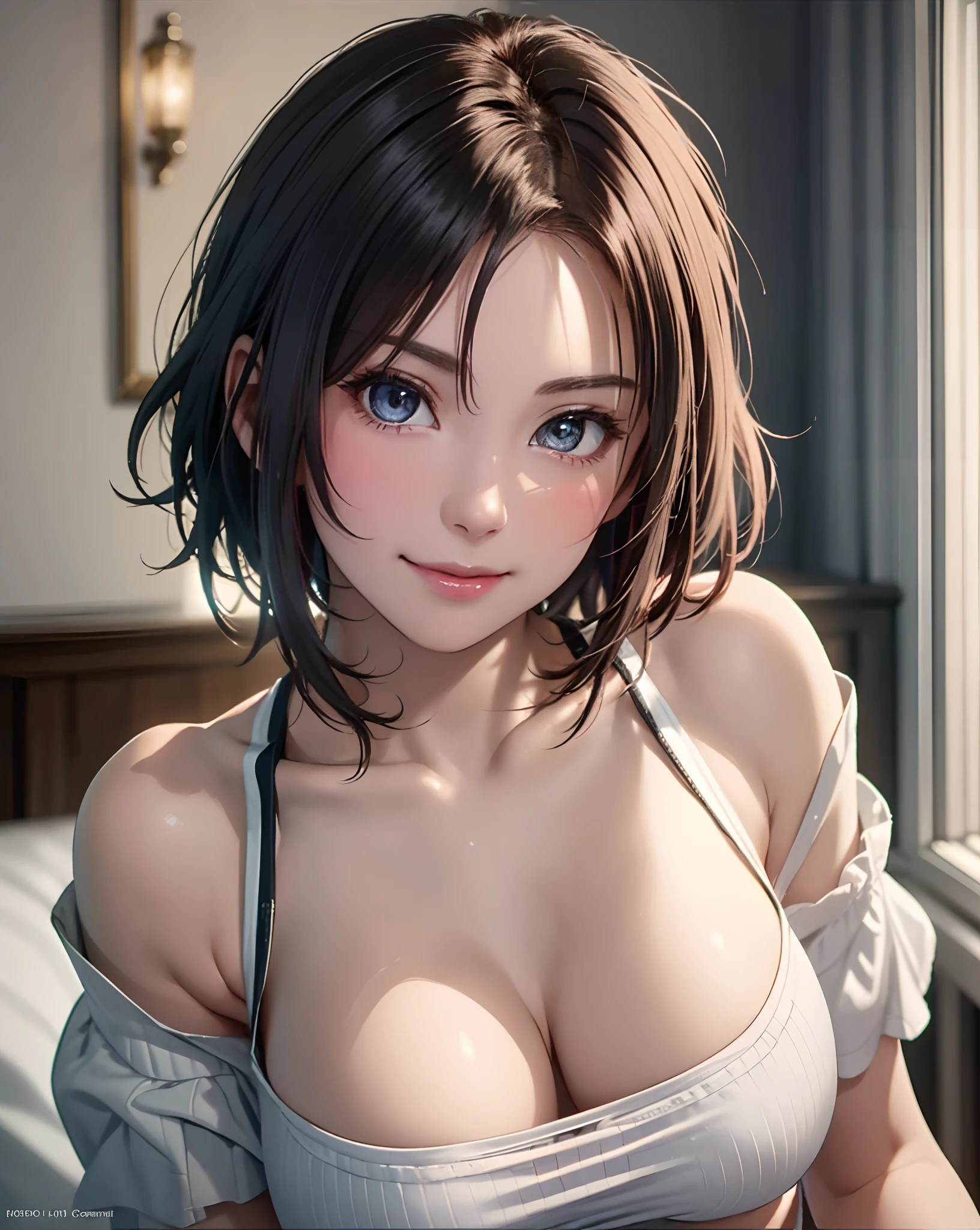 Best Quality, Ultra High Resolution, (Photorealistic: 1.4), Beautiful Eyes, Super Beautiful, Very Short Hair, Beautiful, Sweetheart, T-shirt with Rough Chest, Beautiful Soldier, Eyes That Invite Viewer, Lover's Perspective, Inviting Expression, Sexy Smile, Perfect Style, Perfect Balance, Detailed Skin, Naughty Gaze, Chest Visible