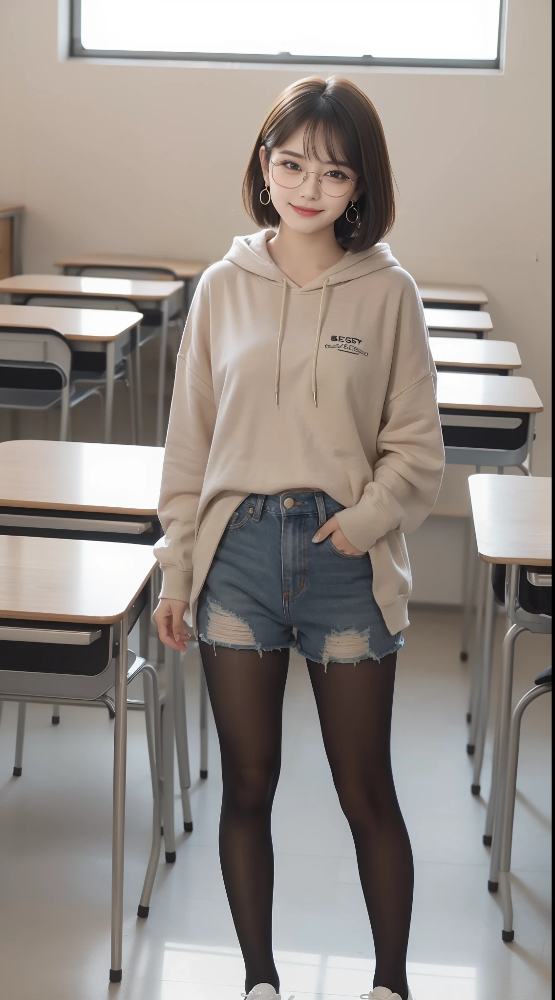 (One student 1.5),(true to life,Photorealistic 1.5),((best qualtiy, 8K, tmasterpiece:1.3)),SLR camera (二重まぶた,largeeyes:1.3),(smile1.5),(Full body photo 1.5)(One person 1.5)Clear focus 1.2, Perfect body beauty:1.4 , Delicate skin1.1,(Short black hair 1.6),(Fashion watch 1.4),(Pure desire 1.3)(Black pantyhose 1.5)(The leg length is one meter two,1.5),Gray hooded sweatshirt,denim short,canvas shoe,With earrings,bangle,black-frame glasses,School Classroom