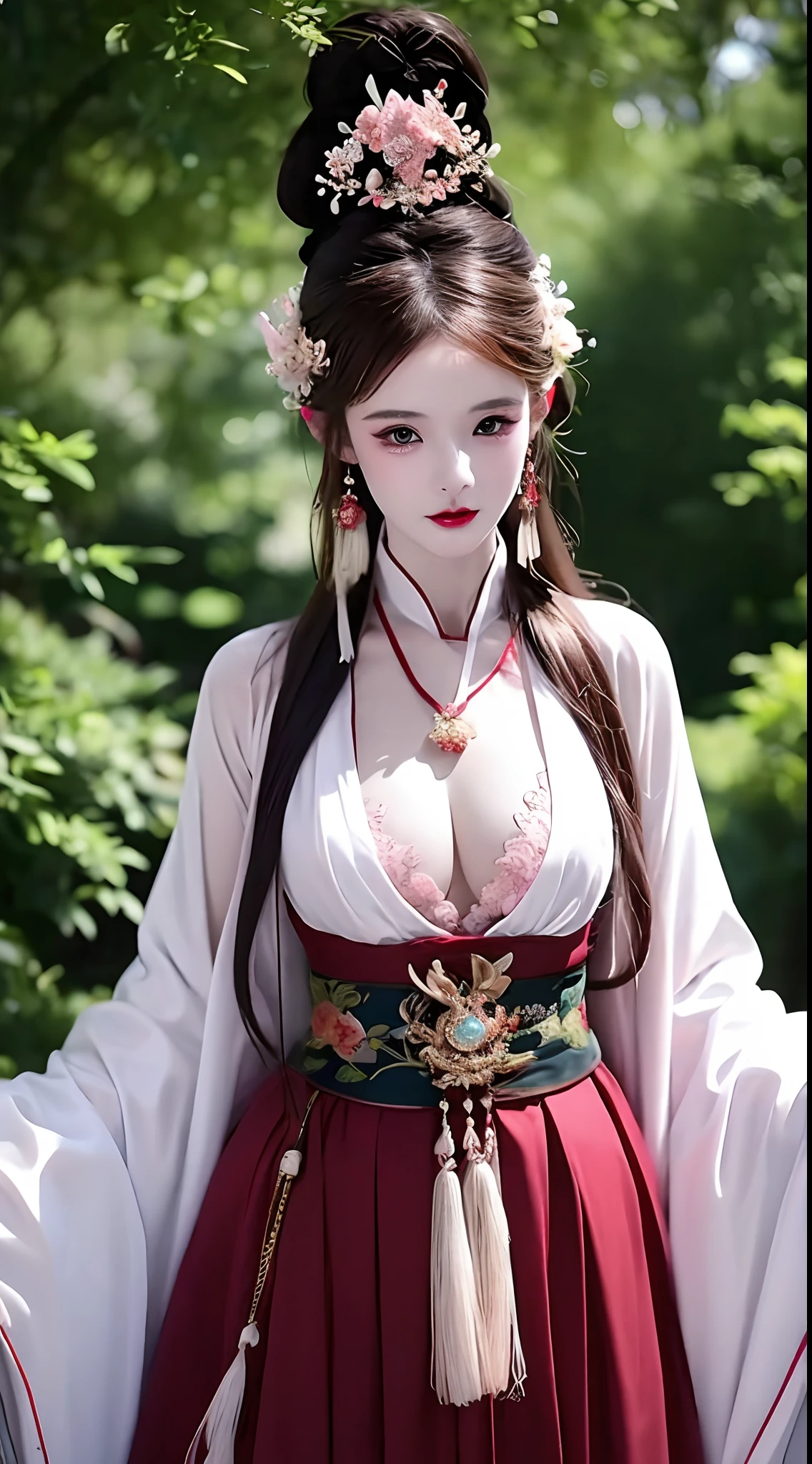 1 realistically beautiful girl, waist length hair, black eyes, ancient Ao Dai, style hanfu, wearing a thin silk shirt of ancient China, pink and smooth white skin, wearing a discreet ancient style ao dai, appears shoulders and head in the photo, plump red lips, pout, mouth shut, embarrassed, small face makeup detailed and very beautifull, breast augmentation, ((big blum boobs:1.0)), Cover the girl's chest with a camisole inside, blush, from front, wear earrings, necklaces, from above, looking at viewer, upturned eyes, full body, masterpiece, top quality, best quality, official art, unity 8k wallpaper, highres, ultra-high res, ultra-detailed, (photorealistic:1.2), alone, solo, Only 1 girl, style hanfu Dunhuang, 10x pixels, super realistic, ultra high quality, full body view of the girl,