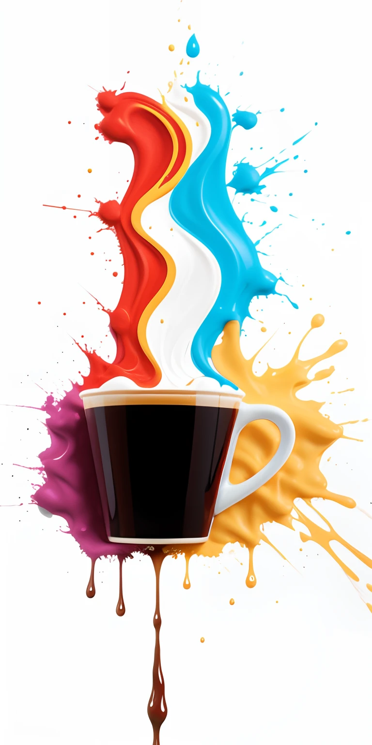 Impactful composition, dripping (neon:0.4) (coffee:0.4) (heat splash:0.4) paint across the shape of a female human, woman drinks a coffee, realistic , high detail, white background
