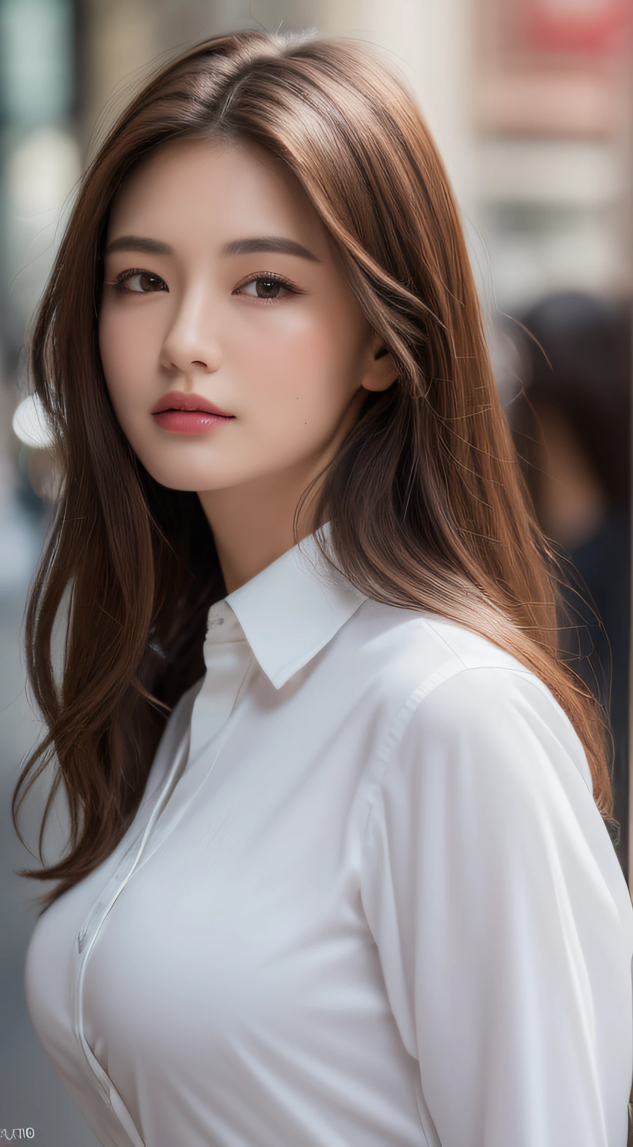 ((Best quality, 8k, Masterpiece :1.3)), Sharp focus :1.2, A pretty woman with perfect figure :1.4, Slender abs :1.2, ((Dark brown hair, Big breasts :1.2)), (White button up long shirt :1.1), City street:1.2, Highly detailed face and skin texture, Detailed eyes, Double eyelid