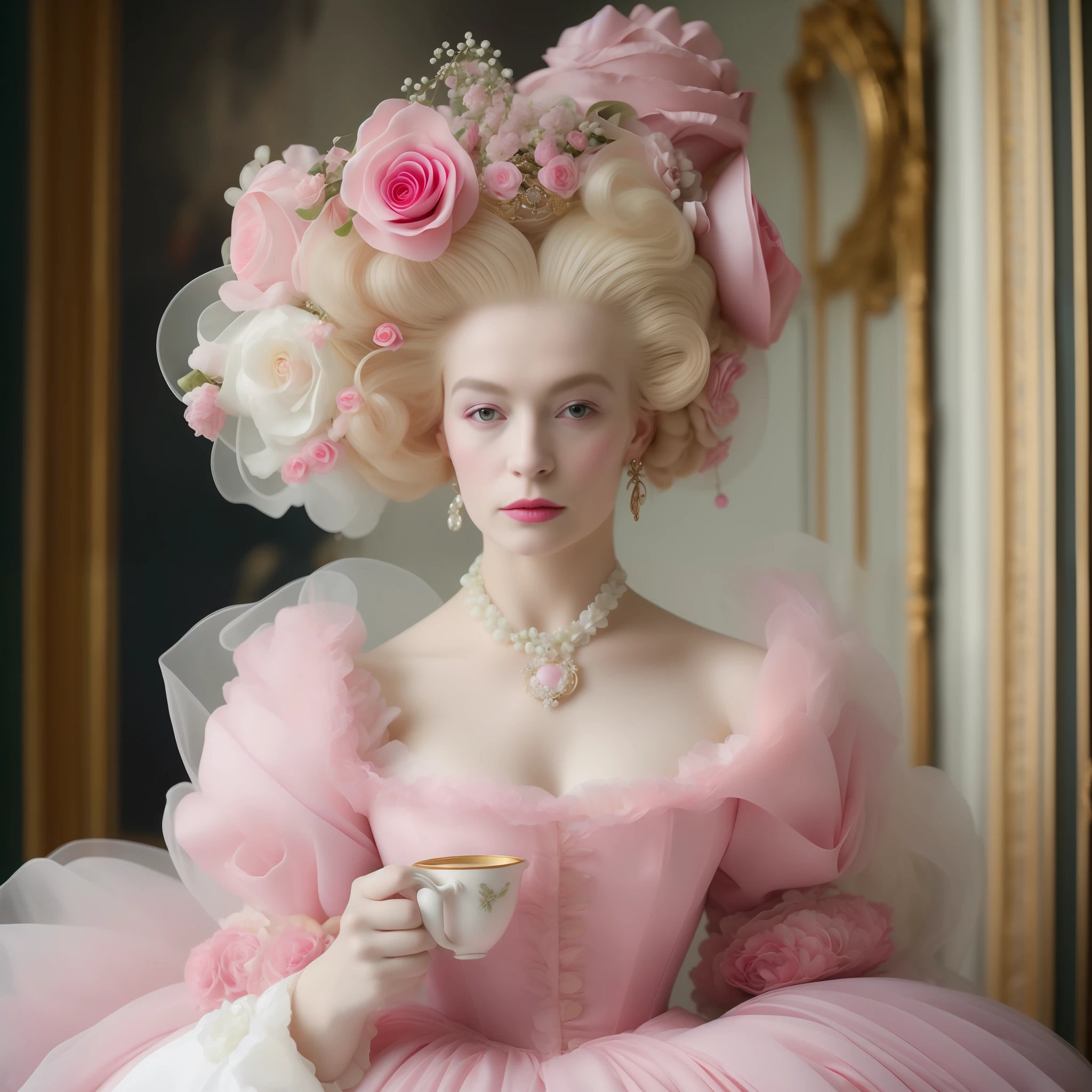 close - up regency solo photo Marie Antoinette with pink poofy rococo hair with delicate flowers drinking tea - themed party inside palace of versailles, a portrait by Tim Walker showcases a glamorous guest, exuding elegance and sophistication, warmingly gazing. A shallow depth of field f/1.8 is used to isolate the subject from the opulent surroundings, drawing focus to the individual's captivating expression. The shutter speed is set at 1/100s and ISO 200, capturing a perfect balance of ambient and artificial light. Luxury, Flowers, candy colors pallet