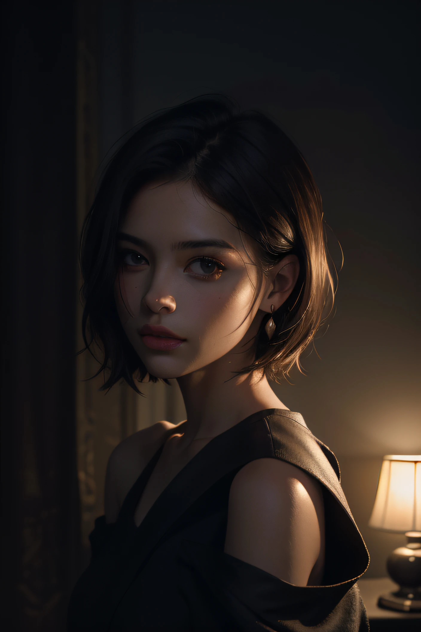 Best quality, masterpiece, ultra high res, (photorealistic:1.5), raw photo, 1girl, offshoulder, in the dark, deep shadow, low key, cold light, sexy look, short hair