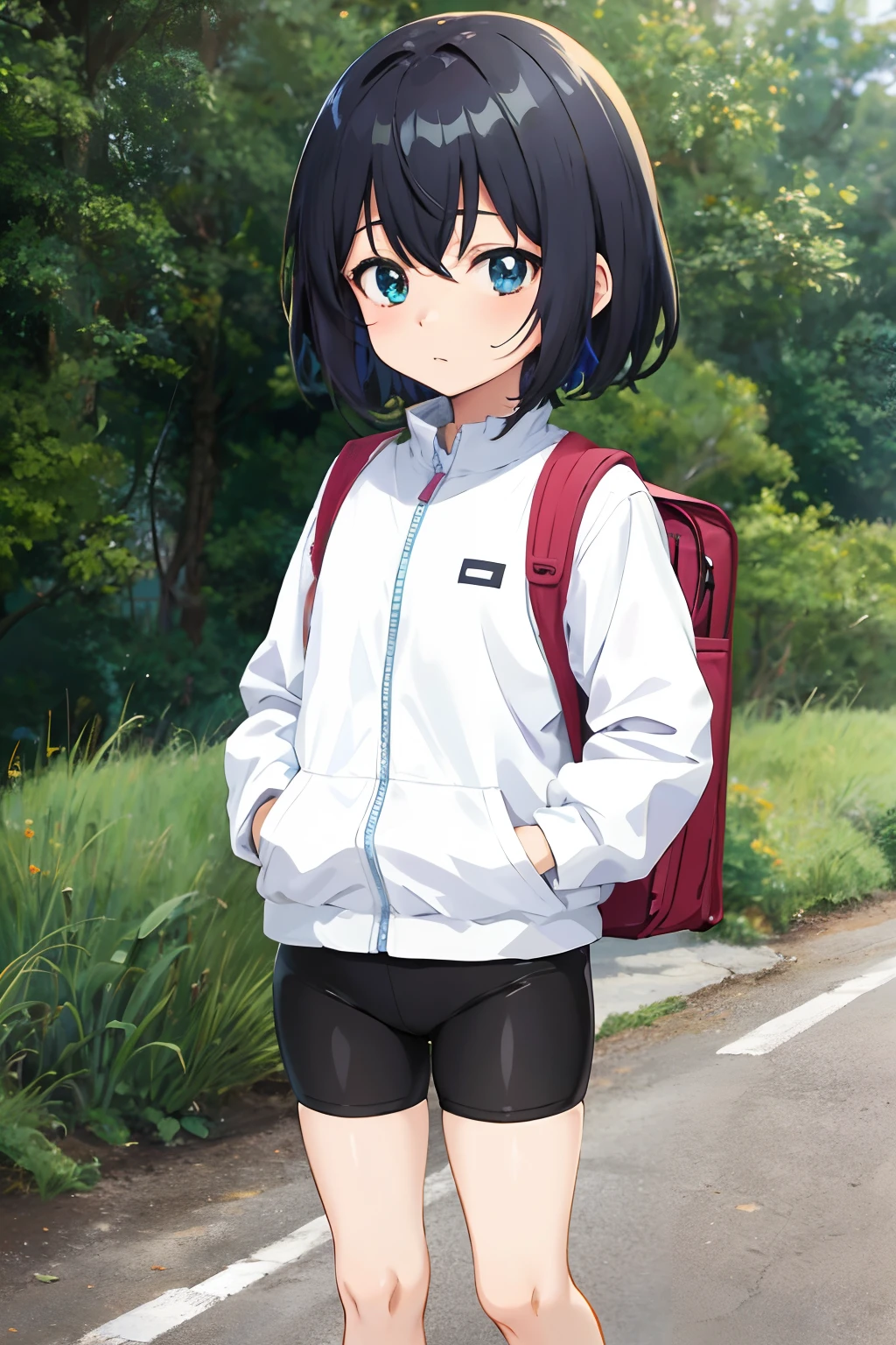 Anime girl with backpack standing on the road in front of trees, anime moe artstyle, visual anime de uma bonito, meninabelo preto vestindo capuz, arte cg anime suave, menina anime, uma garota de anime, arte anime de alta qualidade, menina anime jovemsta, Arte Oficial, estilo anime 4K, menina anime bonito, Yat, arte de anime realista