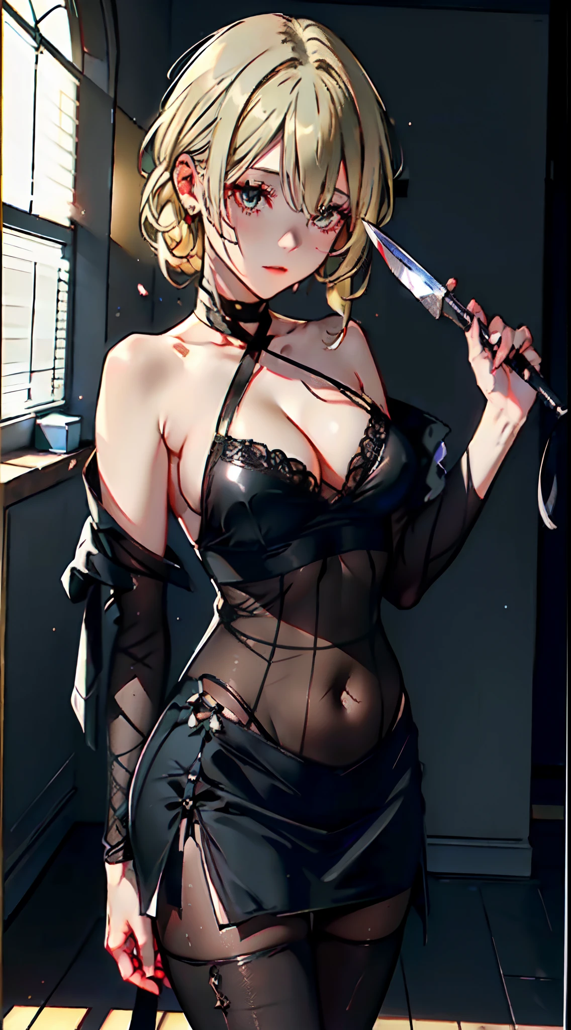 ((sharpening, high resolution, high quality,2K)) 1girl,full body,lace, transparent skirt, (black body stocking:1.2),high Heels, (evening dress), facing the camera, (bare shoulder), belly button, cleavage,lumine,golden hair,Spend on the right head