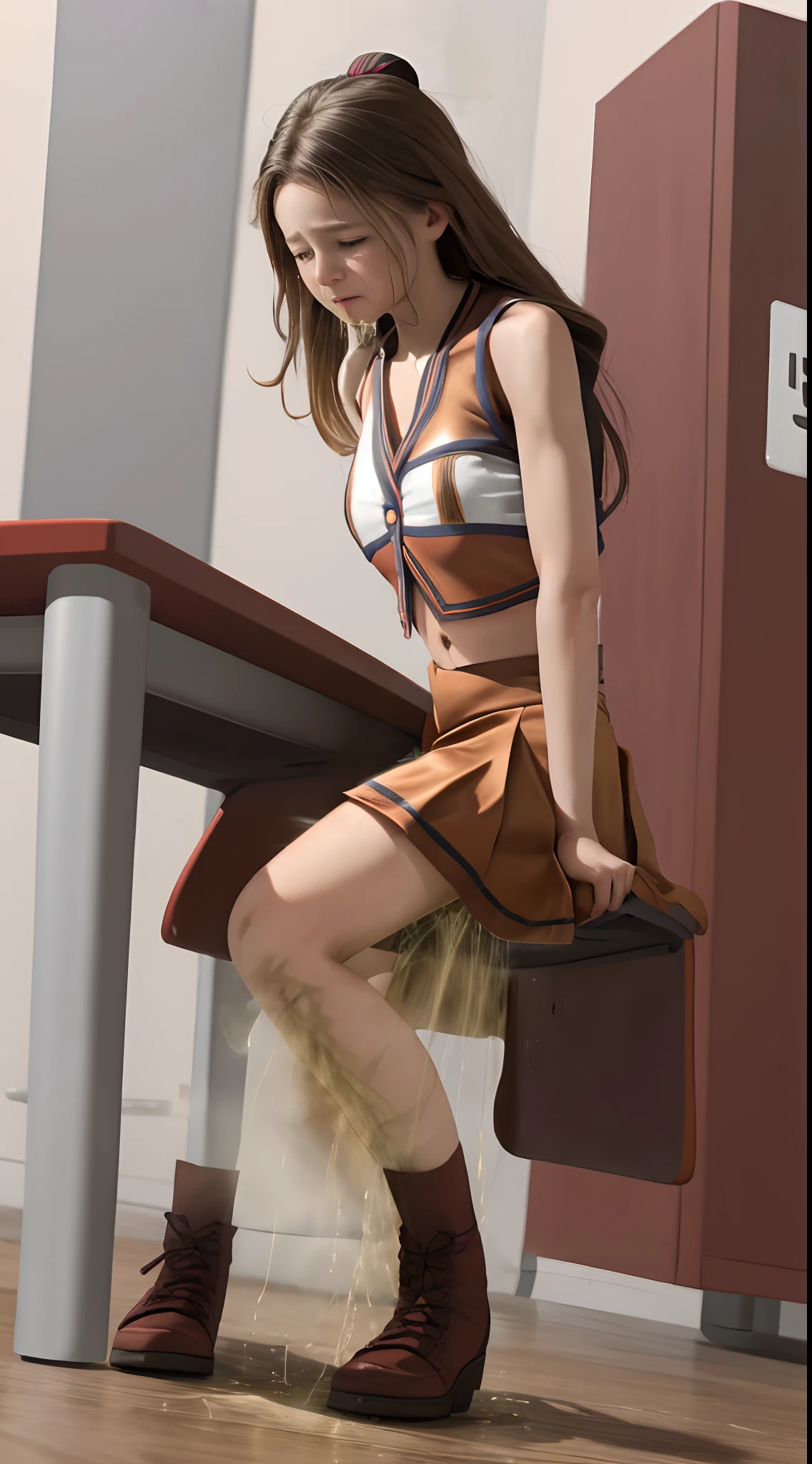 peeing in satin cheerleading uniform taking exam, brown long hair, (8k, best resolution, highly detailed, view side), (satin short pleated cheer skirt: 1.8) (thick satin red button from halter top:1.5) (white satin short pleated skirt: 1.5), sad, crying, embarrassed with mouth open, worried with eyes wide open, can't wait to pee, forced to pee in uniform while sitting at desk, (girl peeing herself:1.8), (girl leaking pee: 1.5), (steam punk combat boots: 1.4), sitting at desk waiting for bathroom, (sitting in puddle of pee on chair: 1.5), (large size breast:1.5), crossed legs, hands between legs