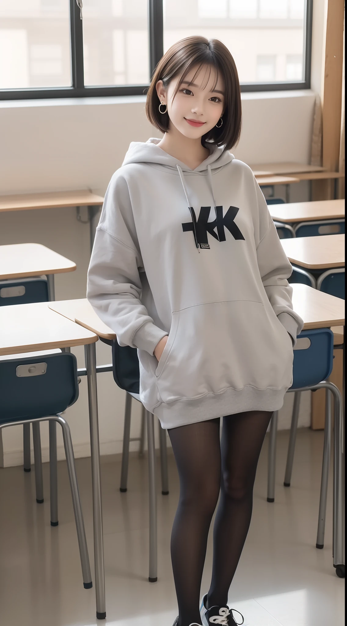 (One student 1.5),(true to life,Photorealistic 1.5),((best qualtiy, 8K, tmasterpiece:1.3)),SLR camera (二重まぶた,largeeyes:1.3),(smile1.5),(Full body photo 1.5)(One person 1.5)Clear focus 1.2, Perfect body beauty:1.4 , Delicate skin1.1,(Short black hair 1.6),(Fashion watch 1.4),(Pure desire 1.3)(Black pantyhose 1.5)(The leg length is one meter two,1.5),Gray hooded sweatshirt,denim short,canvas shoe,With earrings,bangle,School Classroom