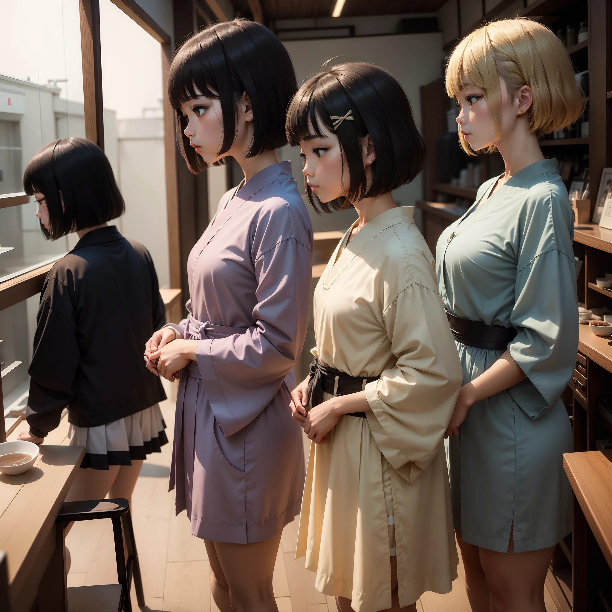 japanes、1人の女性、校服、bob、dual、Bangs flat、a beauty girl、top-quality、masterpiece、profile photo、cafes、Height 160、slender、The face is in order、cute little