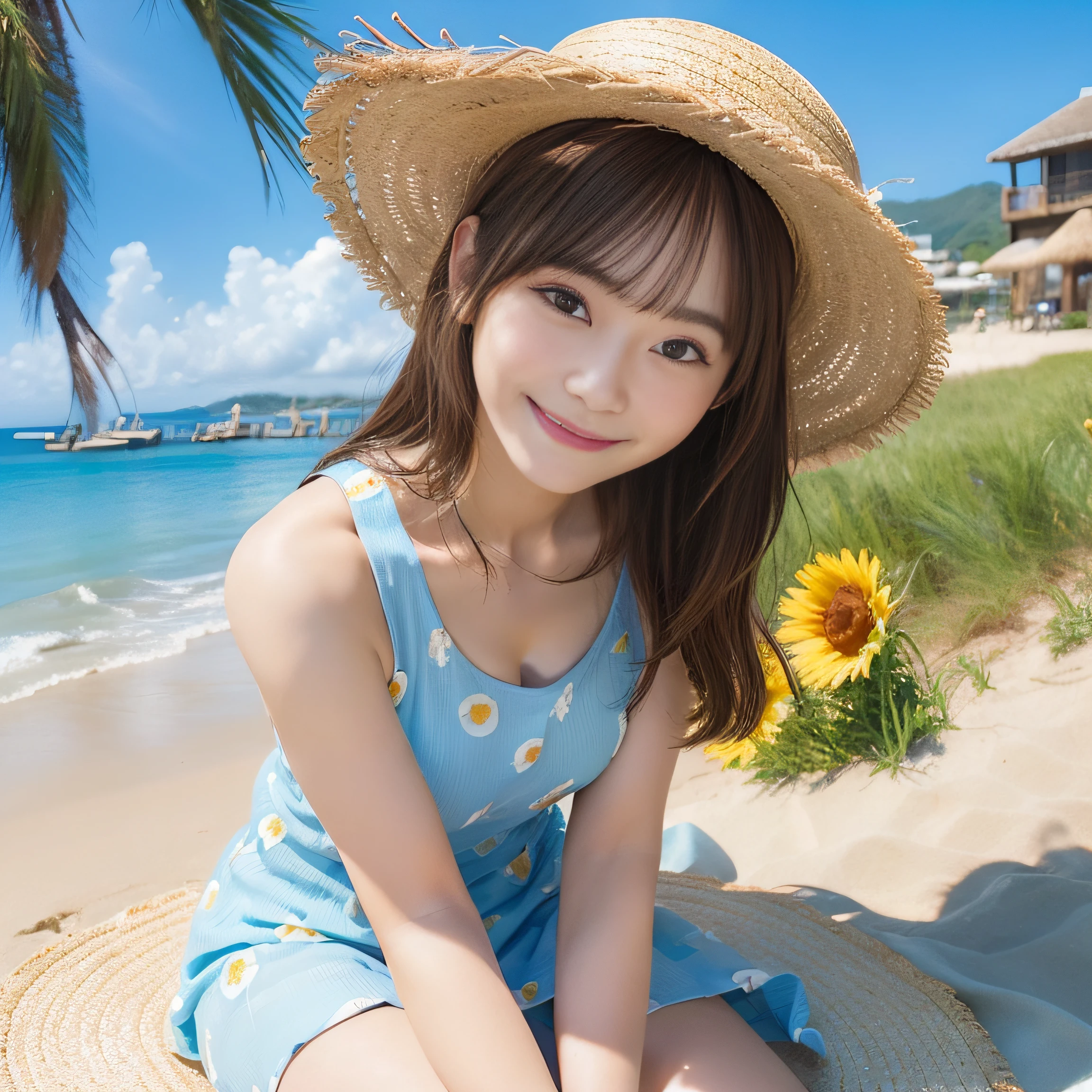 8K、(realisitic、Photorealsitic:1.37)、(masterpiece)、(top-quality:1.4)、(超A high resolution:1.2)、(RAW Photography:1.2)、(foco nítido:1.3)、(facefocus:1.2)、(full bodyesbian:1.2)、1girl, (solo:1.5), long hair, upper body, (one-piece dress:1.3), (straw hat:1.3), outdoor, sunflower, smile, blue sky, beach、(happy smail:1.3)、 landscapes, beautiful finely detailed eyes, Look at viewers, (cute little),
