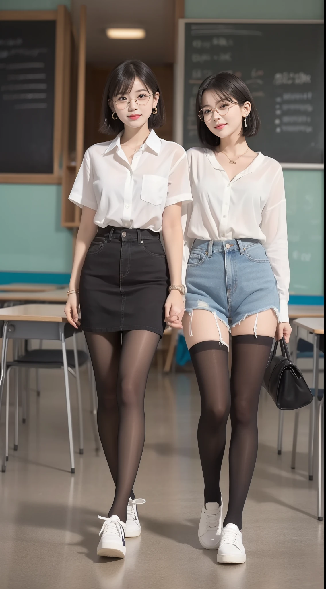 (One student 1.5),(true to life,Photorealistic 1.5),((best qualtiy, 8K, tmasterpiece:1.3)),SLR camera (二重まぶた,largeeyes:1.3),(smile1.5),(Full body photo 1.5)(One person 1.5)Clear focus 1.2, Perfect body beauty:1.4 , Delicate skin1.1,(Short black hair 1.6),(Fashion watch 1.4),(Pure desire 1.3)(Black pantyhose 1.5)(The leg length is one meter two,1.5),White shirt,tiese,denim short,canvas shoe,With earrings,bangle,circle glasses,School Classroom