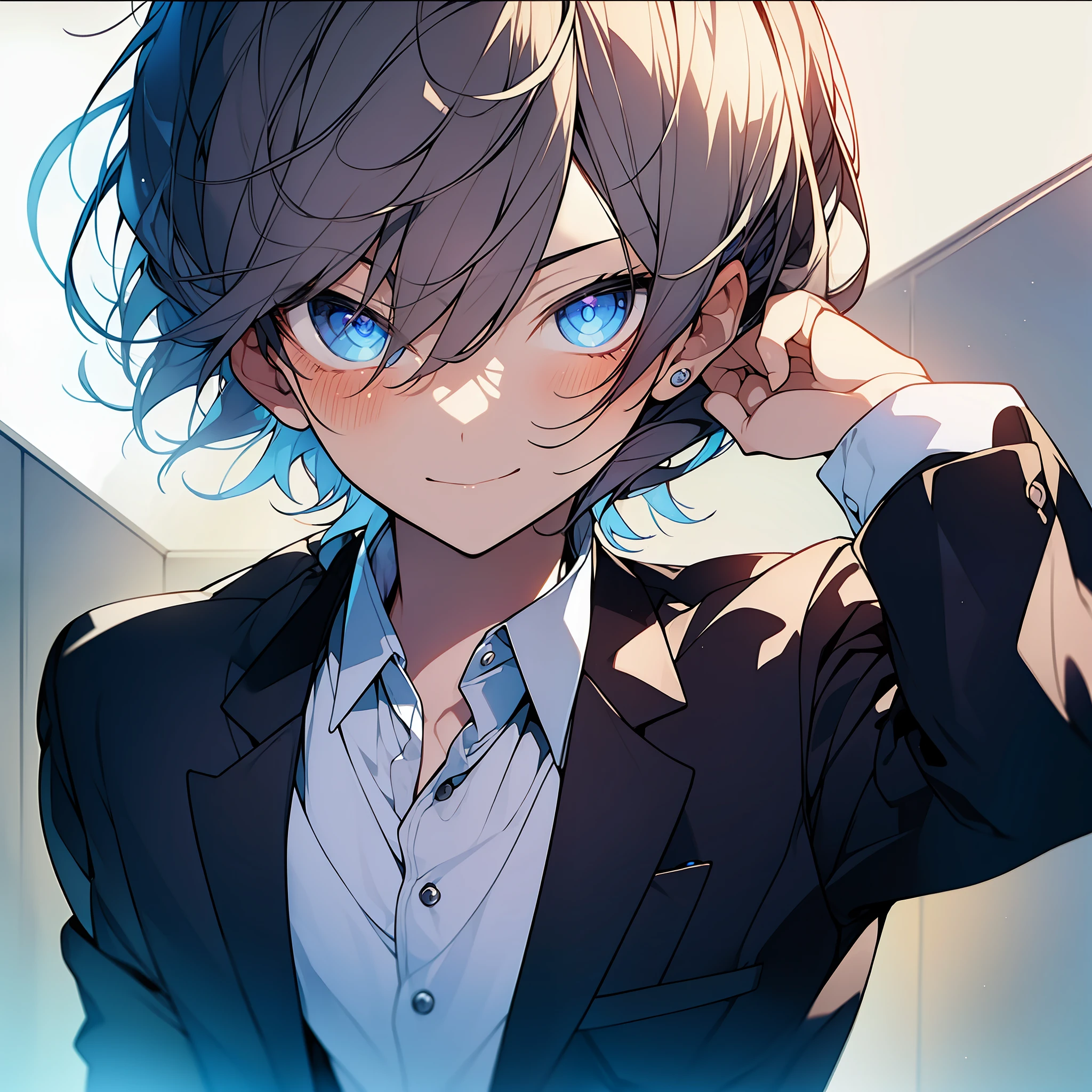 (((Masterpiece))), ((best quality)), (watercolor), anime boy with short hair wearing a suit and tie, kaworu nagisa, wataru kajika, lofi portrait, (portrait), detailed anime soft face, lofi artstyle, tall anime guy with blue eyes, anime vibes, young anime man, discord profile picture, inspired by Okumura Togyu, wry smirk