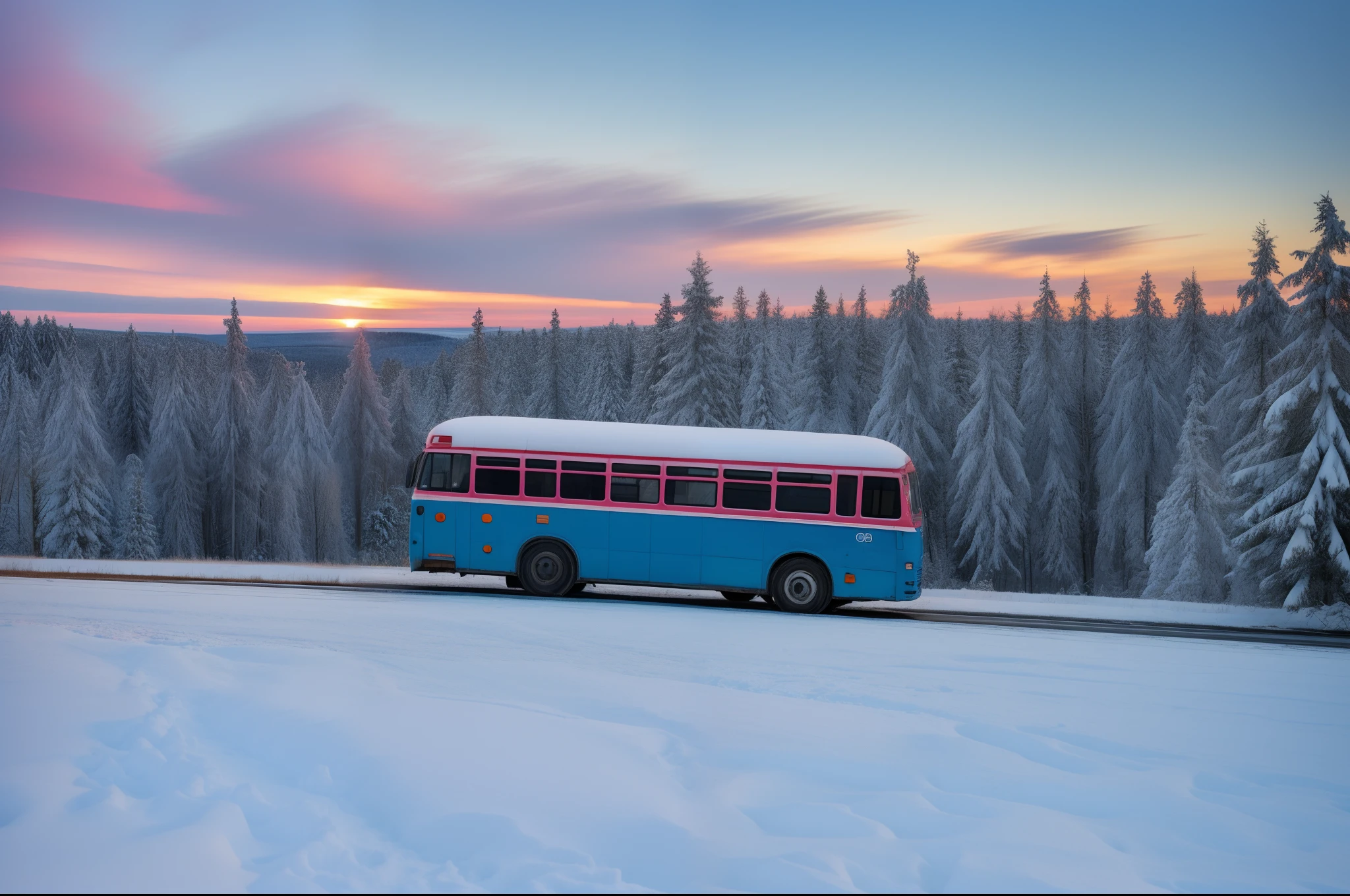An old, dented blue bus passing through a snowy landscape. Further back you can see a forest. The bus moves in the direction of sunset, that dyes the landscape pink colors. En primer plano se ve la silueta de un alce.