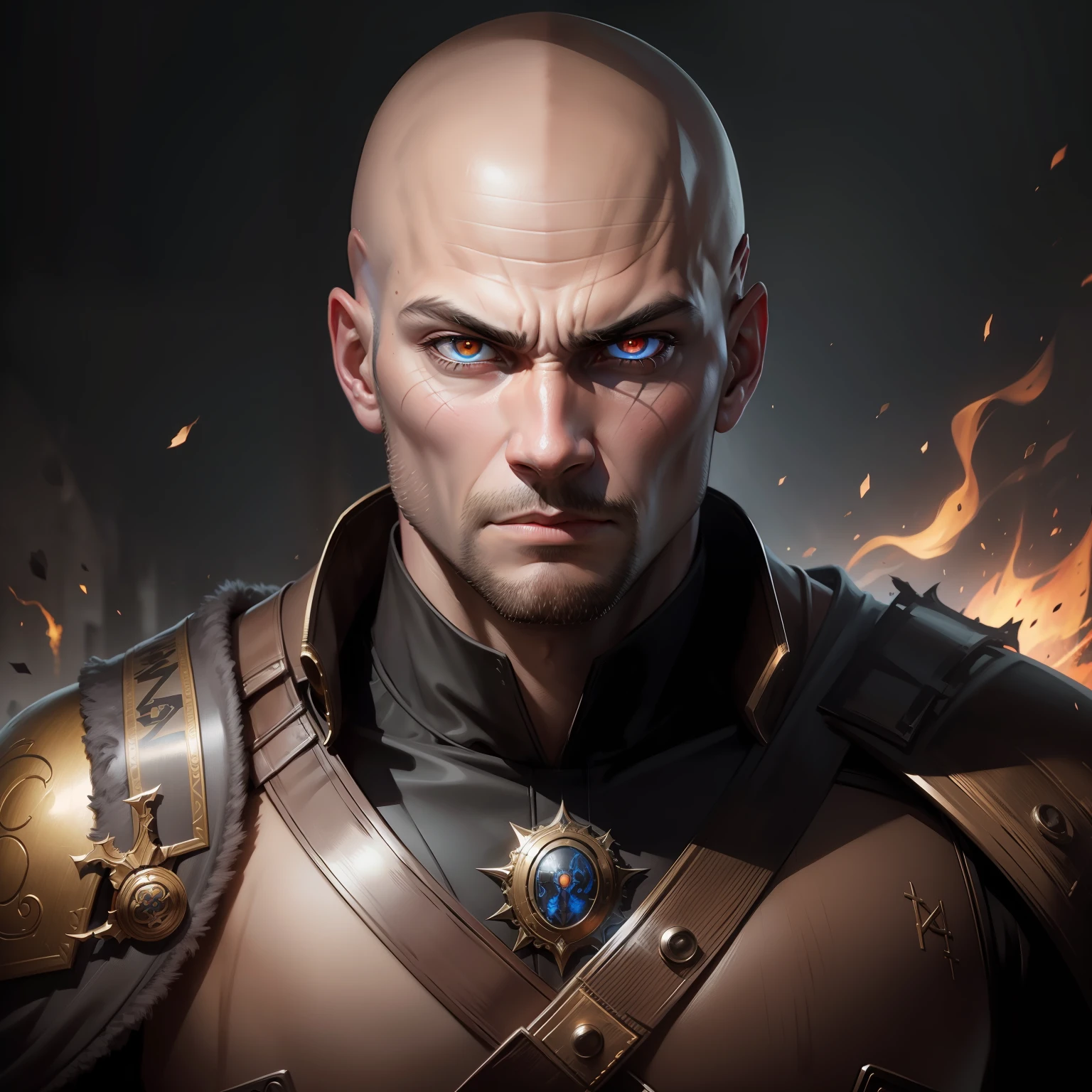 Handsome bald muscular warrior glowing eyes Face portrait hyper realistic super detailed serious expression