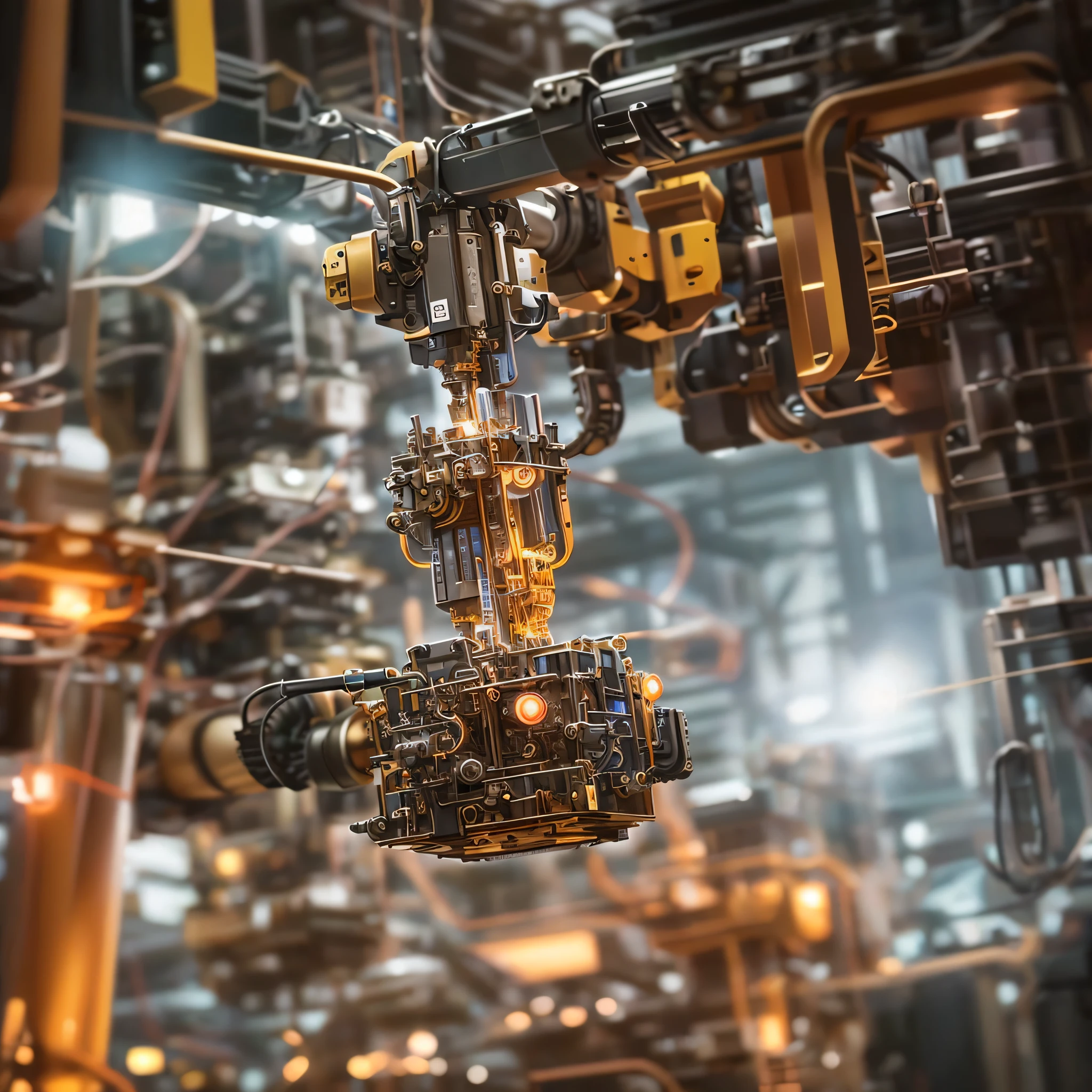 a closeup of a machine that is working on a circuit, realistic robotic machinery, industrial robot, robot machinery, robot machinery, industrial robots, Interior of a huge robot factory, robotic parts, Advanced technology, manufacturing, robotic arm, High Accuracy, electronic components, robotic, Brass and steam technology, detailed mechanical parts, intricate machine in space, foto ainda, robot machinery