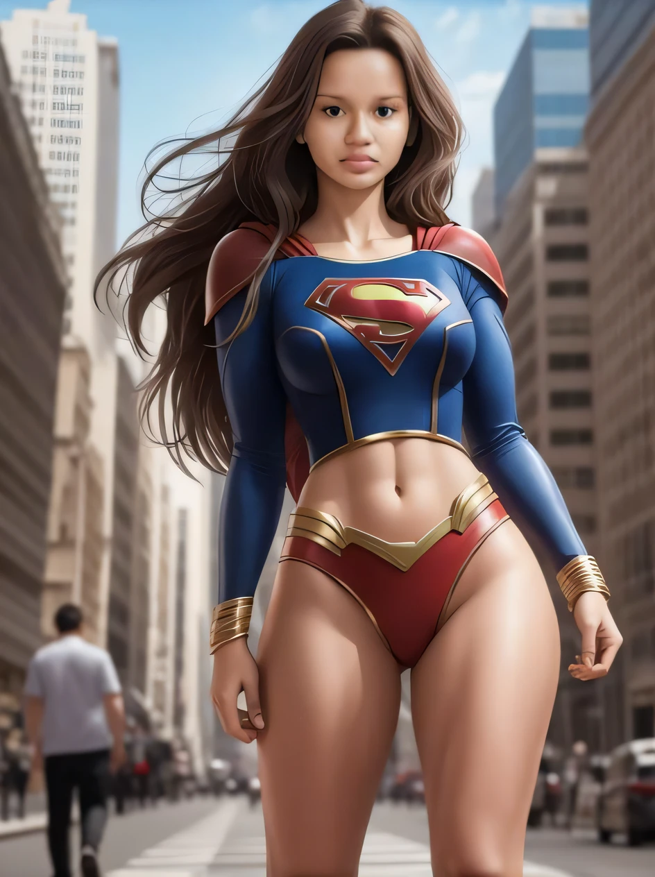 A woman in a Superman costume is standing on a city street, pintura sexy de gal gadot, superhero body, Supergirl, hybrid of gal gadot, super-hero girl, Gal Gadot como Supergirl, super foto realista, bodybuilder superhero bikini, Gal Gadot como Senhor do Inferno, Modelo IG | Artgerm, Artgerm extremamente detalhado, Super Modelo