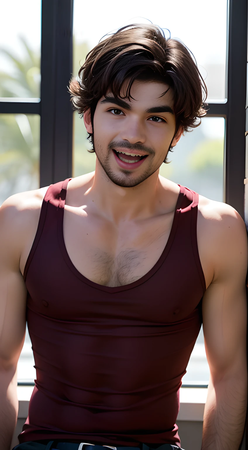 ((Men only)), (head shot), (face only), (Handsome muscular in his 20s), (Marlon Teixeira), (Laughing with a big, open mouth), (red tank top), (detaile: 1 in 1), Natural muscles, HIG quality, beautidful eyes, (Detailed face and eyes), (Face、: 1 / 2), Noise, Real Photographics、... ................................................................................................................PSD, Sharp Focus, High resolution 8K, realisitic & Professional Photography, 8K UHD, Soft lighting, High quality, Film grain, FujifilmXT3