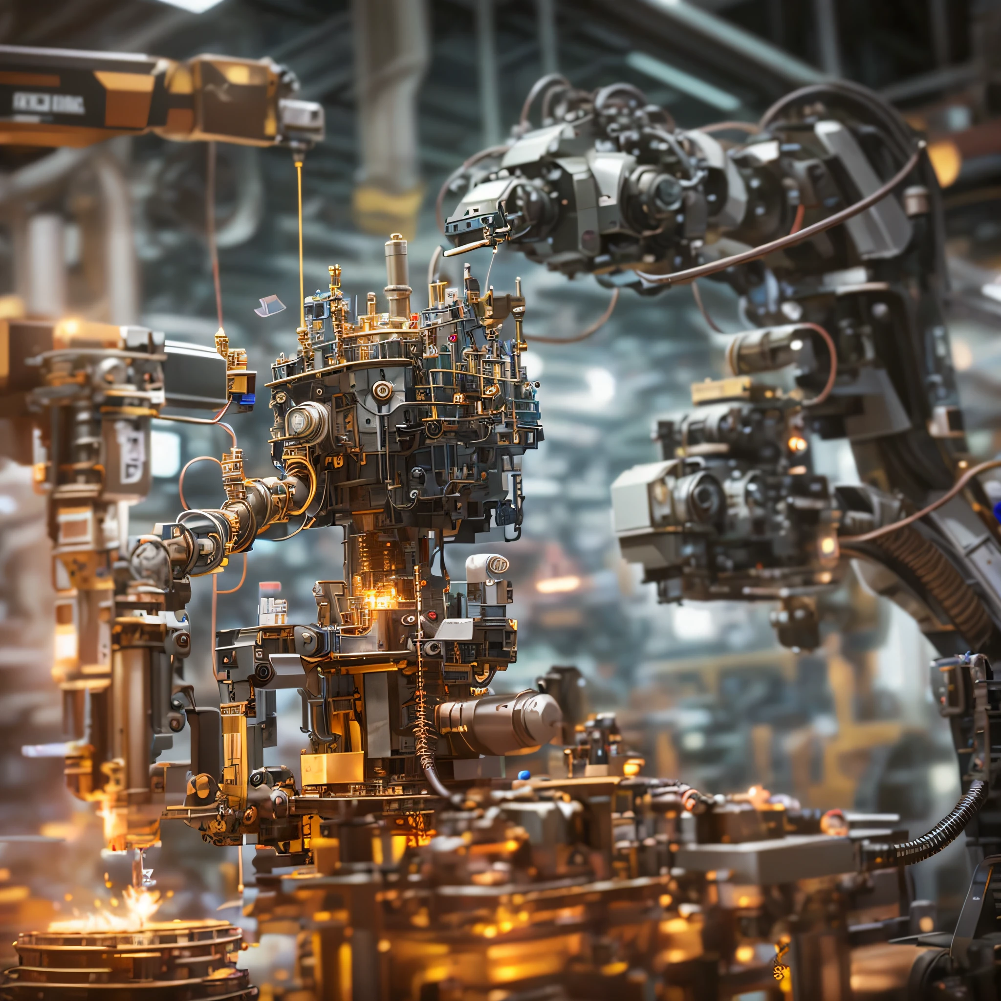 a closeup of a machine that is working on a circuit, realistic robotic machinery, industrial robot, robot machinery, robot machinery, industrial robots, Interior of a huge robot factory, robotic parts, Advanced technology, manufacturing, robotic arm, High Accuracy, electronic components, robotic, Brass and steam technology, detailed mechanical parts, intricate machine in space, foto ainda, robot machinery