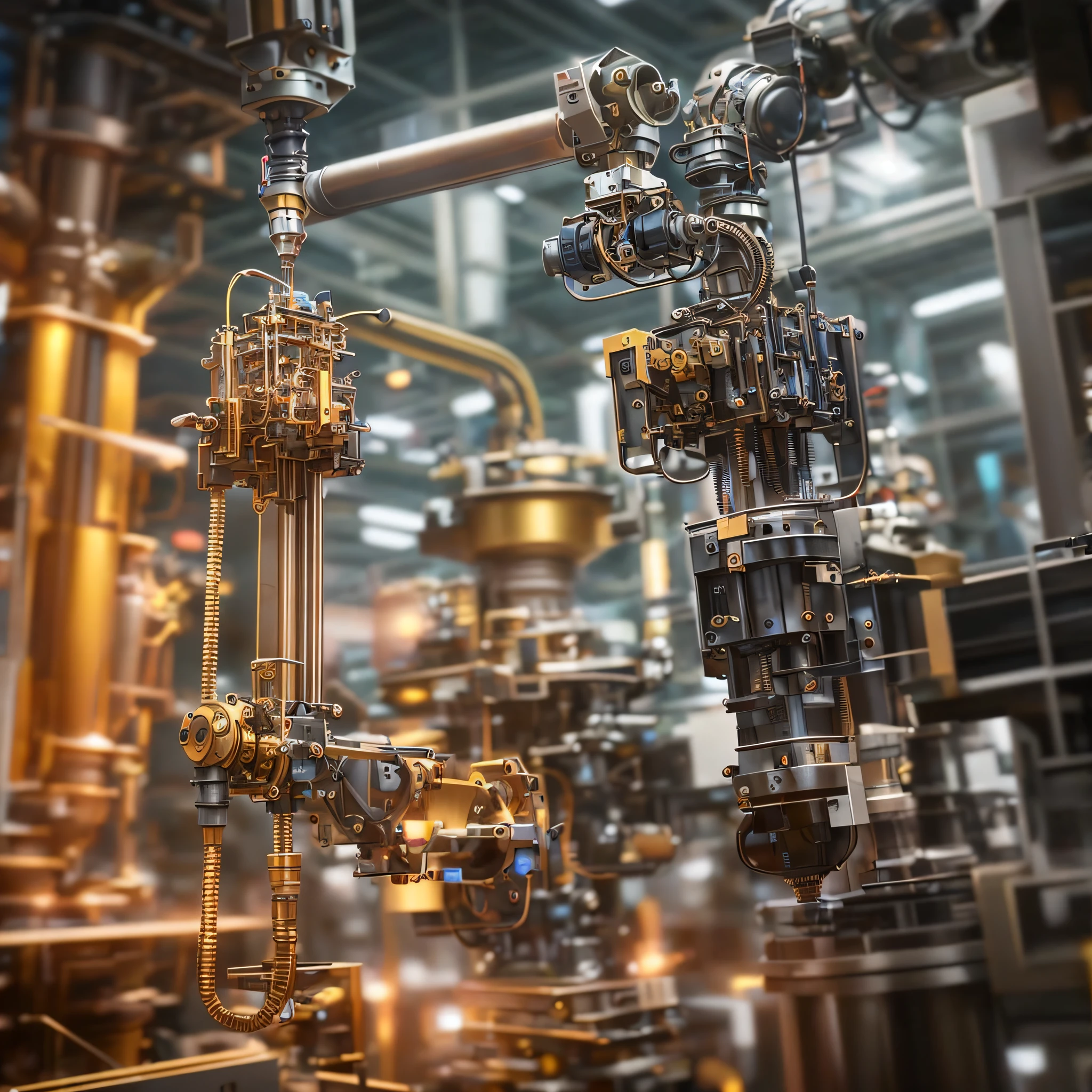 a closeup of a machine that is working on a circuit, realistic robotic machinery, industrial robot, robot machinery, robot machinery, industrial robots, Interior of a huge robot factory, robotic parts, Advanced technology, manufacturing, robotic arm, High Accuracy, electronic components, robotic, Brass and steam technology, detailed mechanical parts, intricate machine in space, foto ainda, robot machinery