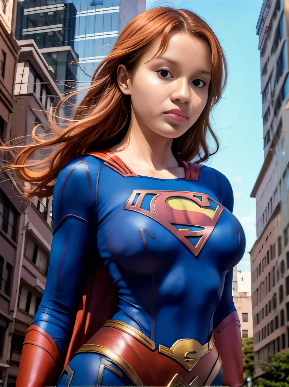 Um close up de uma mulher com uma fantasia de Superman em uma cidade, Supergirl, Emma Watson como Supergirl, super foto realista, Gal Gadot como Supergirl, super fotorrealista, super foto-realista, super-hero girl, amouranth as a super villain, cosplay realista, visual de anime de Supergirl, foto super realista, hybrid of gal gadot