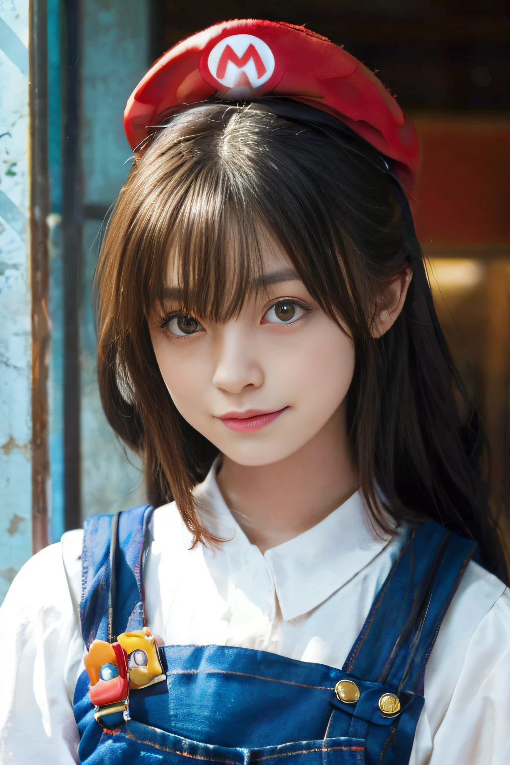 Create a realistic image with 16:9 aspect ratio, Capture idol Eri Kamei in Super Mario fun cosplay of Super Mario Bros. series. She should be decorated with a red hat of Mario's signature, 「M」のエンブレムを目立つように表示. Her outfit should consist of Mario's iconic blue overalls. For a playful touch, Add a black mustache and beard to her face. The whole essence of the image is、It should give off cuteness, Combining Mario's adventurous spirit with the charm of Eri Kamei. The setting, Lighting, And every detail should contribute to the realism of the image, Pretend that Eri Kamei really transformed into Mario one day."