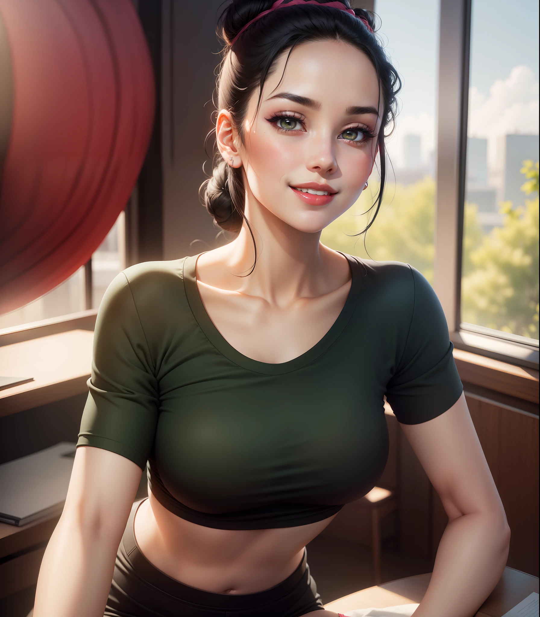 Sexy young woman, black hair neatly pulled into a bun, long forehead, small seductive eyes, medium nose, red lips smiling, deep pink blush, fair skin, wearing a bluish-green t shirt and black miniskirt, leaning on a desk towards the viewer