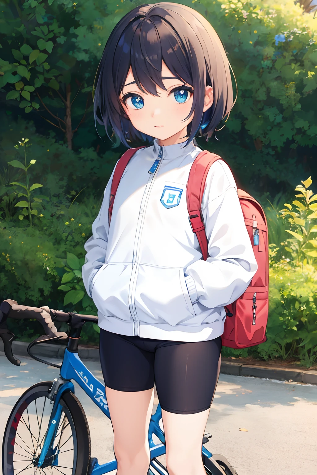 anime com olhos azuis ao lado de uma bicicleta, anime moe artstyle, visual anime de uma meninao, arte cg anime suave, feito com anime painter studio, kantai collection style, menina anime, pintado em anime painter studio, retrato de corpo inteiro de um curto!, Uniforme JK, estilo anime 4K, menina anime bonite anime de alta qualidade