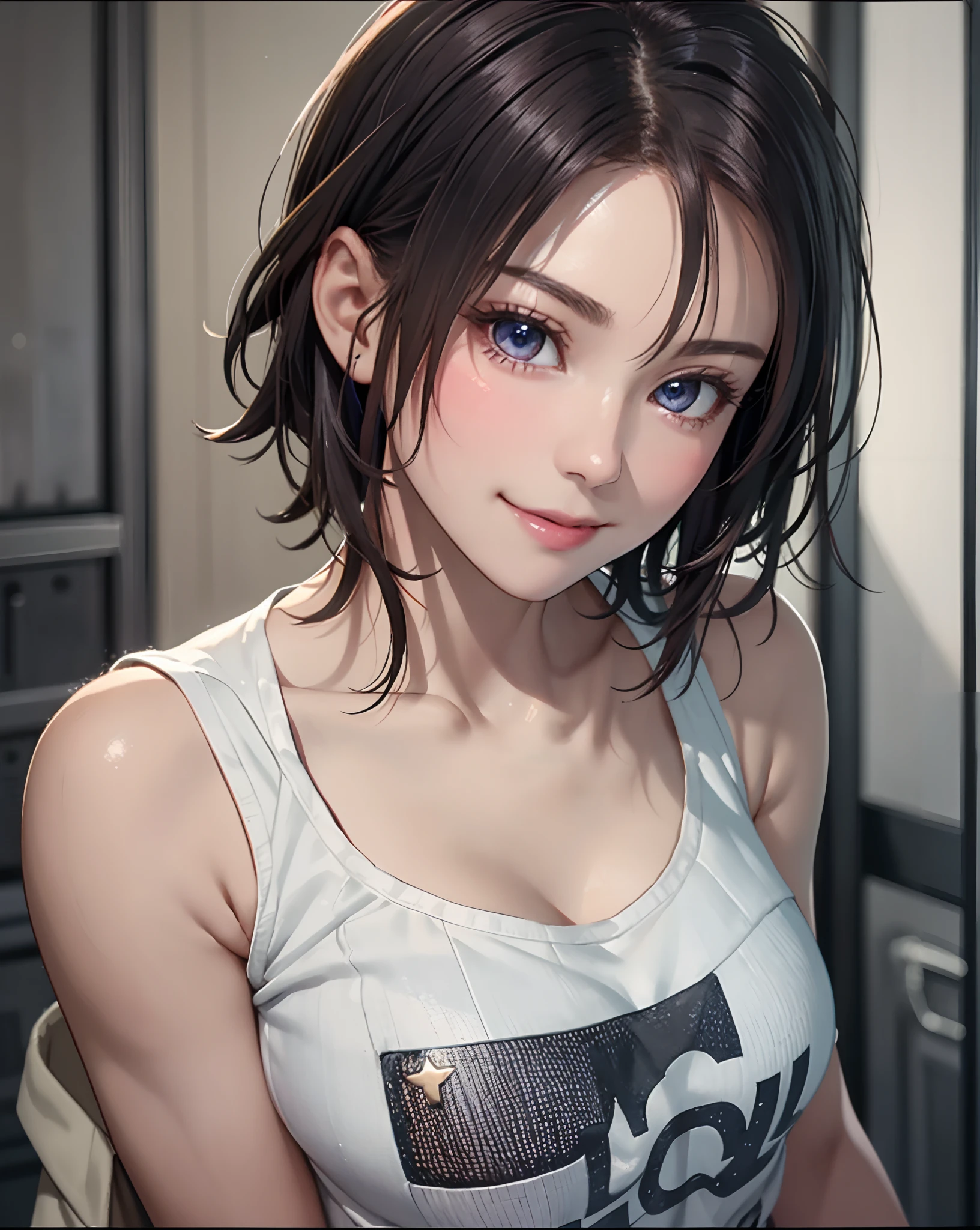 Best Quality, Ultra High Resolution, (Photorealistic: 1.4), Beautiful Eyes, Super Beautiful, Very Short Hair, Beautiful, Sweetheart, T-shirt with Rough Chest, Beautiful Soldier, Eyes That Invite Viewer, Lover's Perspective, Inviting Expression, Sexy Smile, Perfect Style, Perfect Balance, Detailed Skin, Naughty Gaze, Chest Visible