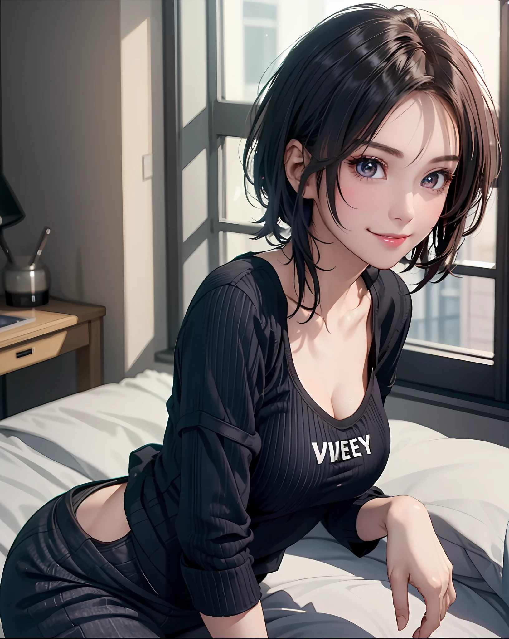 Best Quality, Ultra High Resolution, (Photorealistic: 1.4), Beautiful Eyes, Super Beautiful, Very Short Hair, Beautiful, Sweetheart, T-shirt with Rough Chest, Beautiful Soldier, Eyes That Invite Viewer, Lover's Perspective, Inviting Expression, Sexy Smile, Perfect Style, Perfect Balance, Detailed Skin, Naughty Gaze, Chest Visible