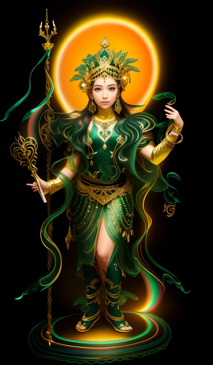 In the garden of the void, A beautiful little girl,Six years old,green colored skin,Four arms,trident,Peacock Ling,Black snake in hand,There are six snakes on the head,The body is decorated with many black snakes,Leopard skin apron,Yellow skirt,white streamer,Delicate and radiant skin,Barefoot,(Long curved eyebrows),Beautiful eyes sparkle,The large, Jewel-like eyes sparkle,Clear pupils have reflected light,二重まぶた,Lying silkworm,looks into camera,((Plump and rosy lips)) Clearly visible,((Flushed cheeks)),The mandible is plump,Green skin is delicate and smooth,Delicate skin translucent,A delicate and dexterous crown,inlaid gemstones,Delicate and skillfully set gemstones,(Yellow dress),Perfectly designed jewelry is exquisite,Beautiful eyes looking directly at the camera,(((nice hand))),((((Good feet))),(((good legs))),Realistic skin,((Correct body structure)),Yellow costume,Blue sky,Head background with round light,Behind him is a colorful rainbow circle,Color glow is turned on,Front lighting,Positive light,No shadows on the face,There are no shadows on the body,Blue sky,Unreal space,ethereal world,dreamworld,with blue sky and white clouds,tmasterpiece,4K,ultra-definition,professional photoshooting,Perspective looks up,Standard lens shooting,