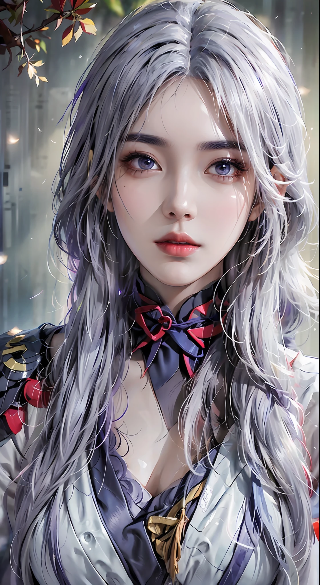 Photorealistic, High resolution, 1 girl, White long hair, Beautiful eyes, normal breast, Raiden General Costume