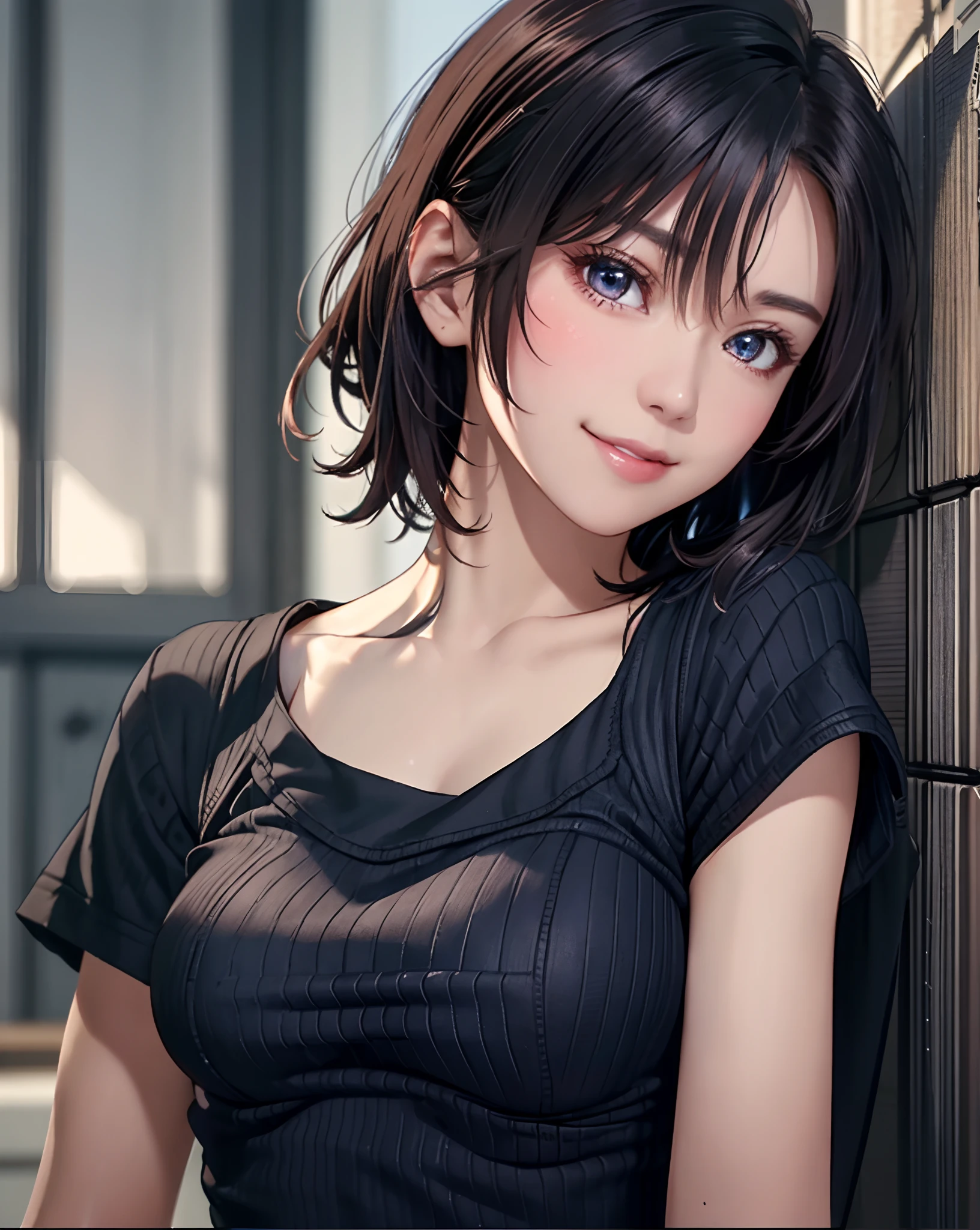 Best Quality, Ultra High Resolution, (Photorealistic: 1.4), Beautiful Eyes, Super Beautiful, Very Short Hair, Beautiful, Sweetheart, T-shirt with Rough Chest, Beautiful Soldier, Eyes That Invite Viewer, Lover's Perspective, Inviting Expression, Sexy Smile, Perfect Style, Perfect Balance, Detailed Skin, Naughty Gaze, Chest Visible