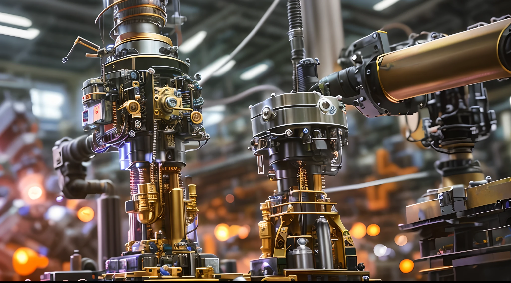 a closeup of a machine that is working on a circuit, production line, industrial robot, robot machinery, robot machinery, industrial robots, Interior of a huge robot factory, robotic parts, Advanced technology, manufacturing, robotic arm, High Accuracy, electronic components, robotic, Brass and steam technology, detailed mechanical parts, intricate machine in space, foto ainda, robot machinery
