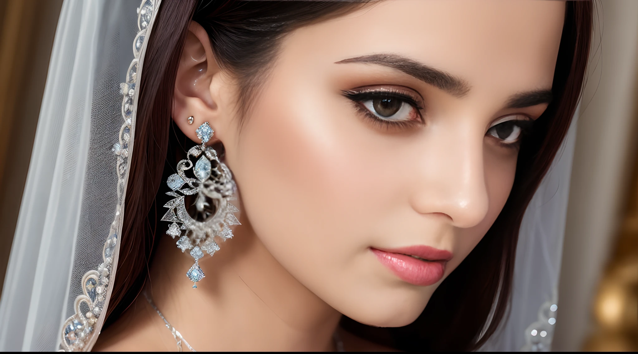 (masterpiece, best quality), intricate details, realistic, photorealistic, a close up of a Arab hot woman wearing earrings, inspired by Emma Andijewska, draped in crystals, silver color, long earrings, sandra chevier, huge earrings, 2019, blue-eyed, platinum jewellery, earring, flawless structure, silver earring,