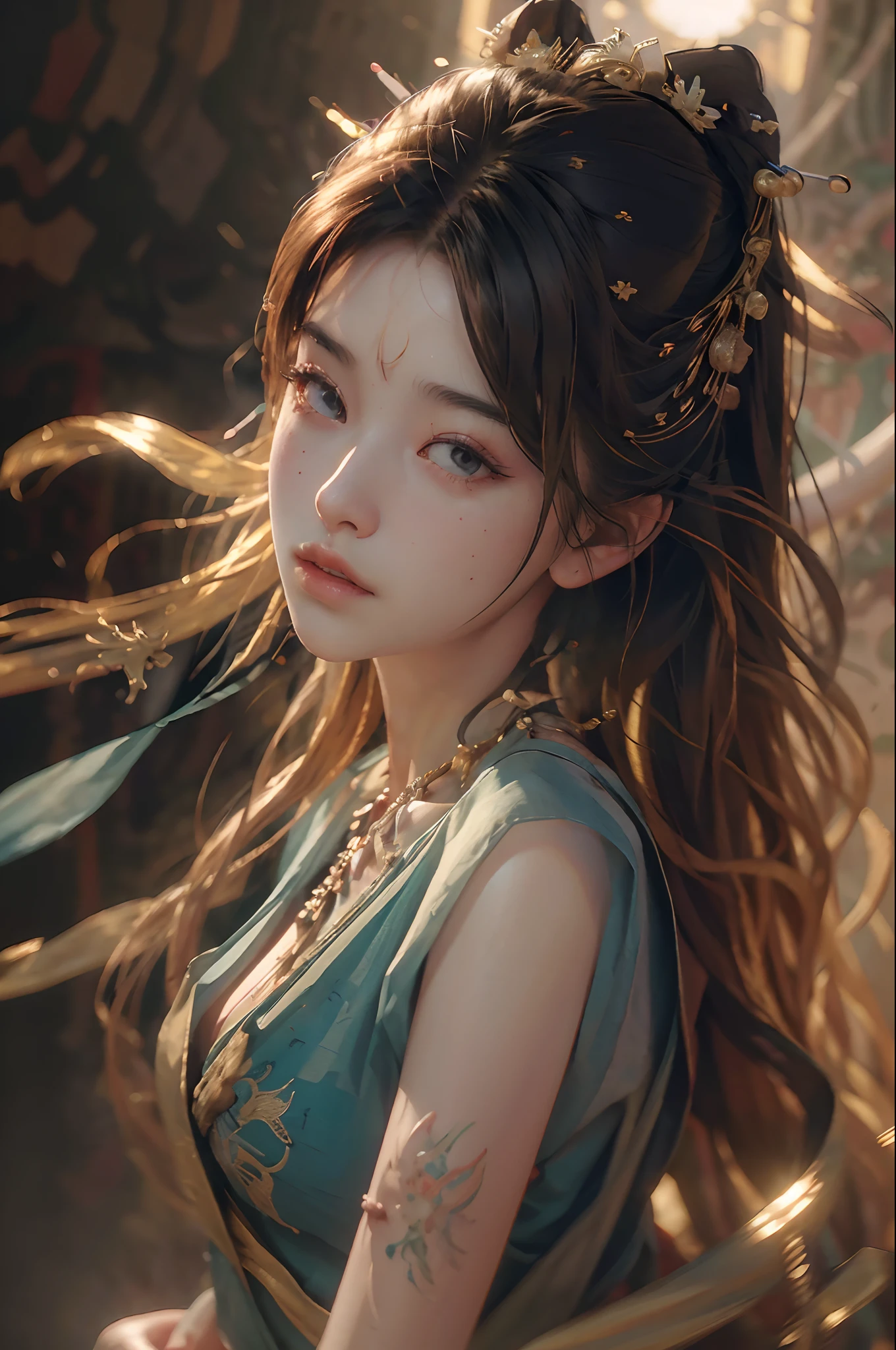 nsfw,(RAW photo, best quality),(realistic, photo-realistic:1.3),best quality,highly detailed,masterpiece,ultra-detailed,illustration,1girl,upper_body,dynamic angle,world masterpiece theater,messy_long_hair,best quality,extremely detailed CG unity 8k wallpaper,ink,Amazing,cinematic lighting,lens_flare,dunhuang_style,