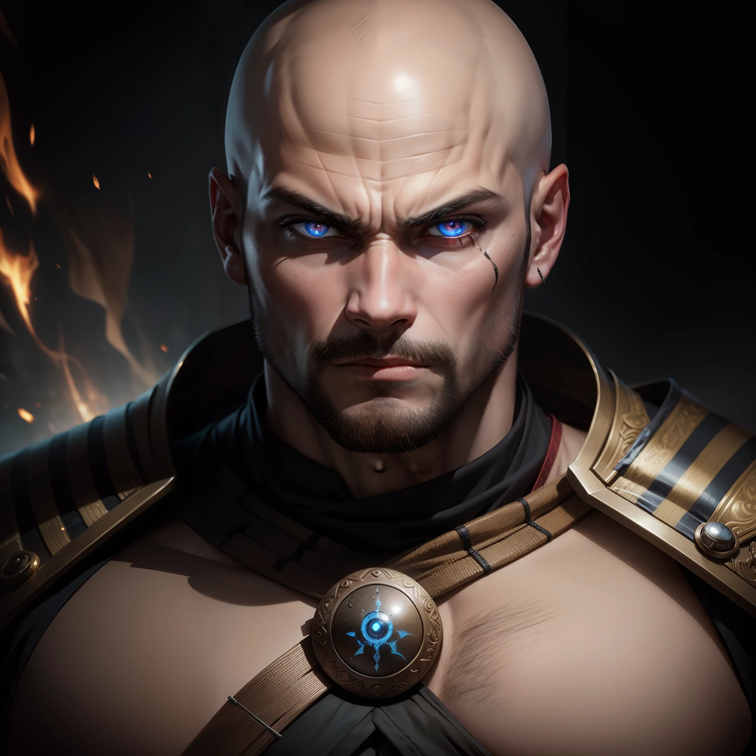 Handsome bald muscular warrior glowing eyes Face portrait hyper realistic super detailed serious expression