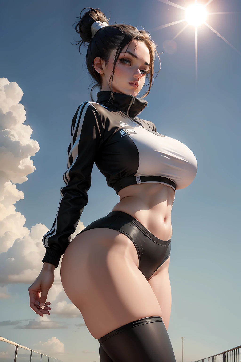 18yo Girl，and the sun was shining brightly，Black ponytail，Straight long legs，White tight tracksuit，The figure is bumpy，Looming，huge tit，with blue sky and white clouds，The action is provocative and ambiguous