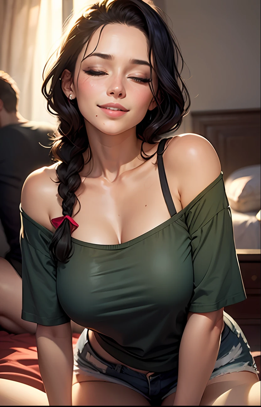 Sexy woman, black hair, single braid, long forehead, eyes closed, lips parted smiling, deepest blush, off shoulder olive green t shirt and blue short shorts, lying on bed, very seductive, aroused