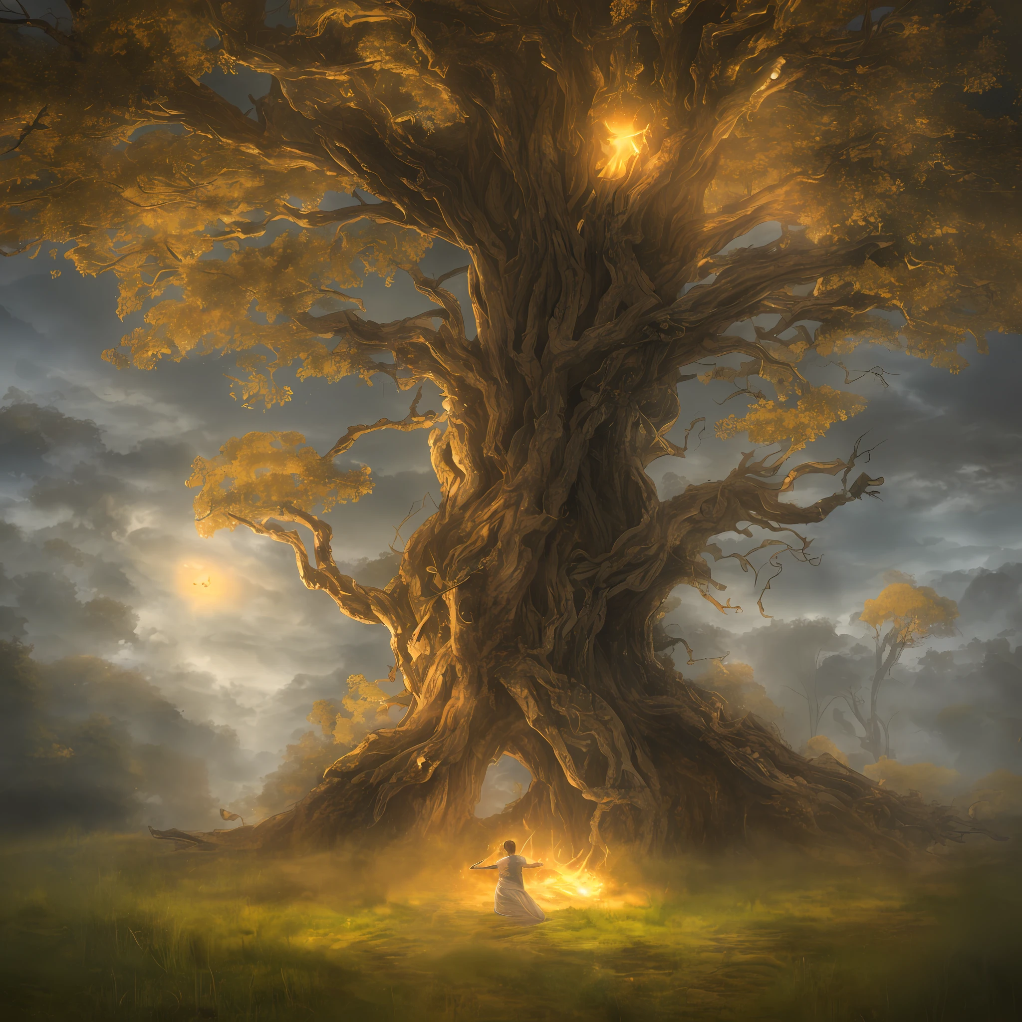 The Erdtree (Golden tree, Ōgonju) is a giant, golden tree that towers above the Lands Between. The Lands Between are blessed by the Elden Ring, which is the source of the Erdtree, that symbolizes its presence. It is the heart of the Golden Order. The blessing granted by the Erdtree and consequently the Elden Ring, is represented by a golden light in the eyes of the inhabitants of the Lands Between, known as the Grace of Gold. Upon their deaths, the remembrances of demigods and greater champions, and other such powerful beings are hewn into the Erdtree, no humans, white bark with fire luminous veins, ((glow)), magic, gigantic tree covering the entire sky