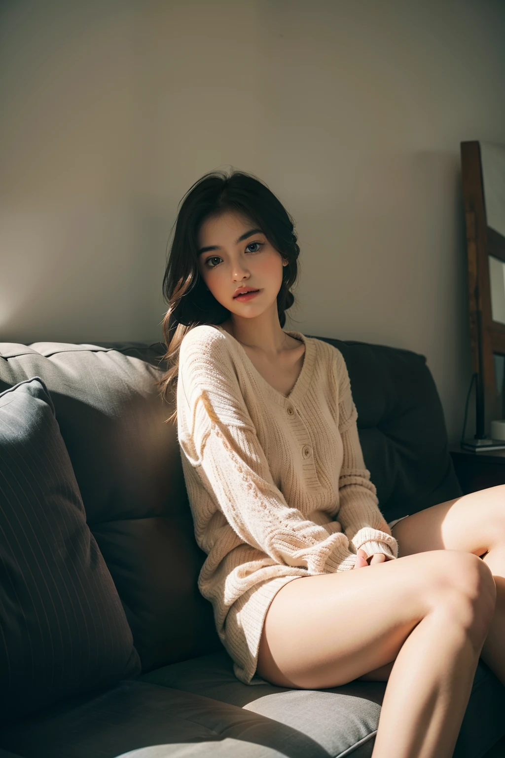 1girl in,Sitting on a cozy sofa,cross one's legs,Soft light