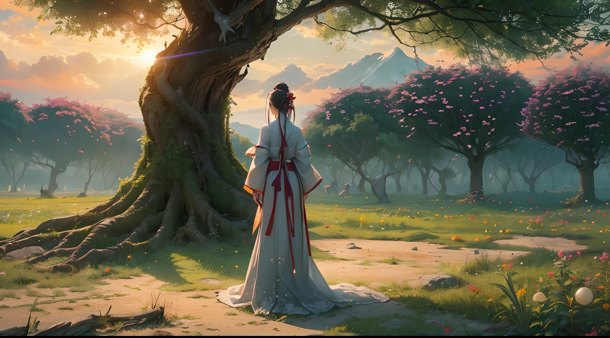 official art, unity 8k wallpaper, ultra detailed, beautiful and aesthetic, beautiful, masterpiece, mystery , emotional depth , atmospheric , supernatural , best quality, huge ancient fantasy tree , glowing tree , very little light balls around of tree , a assassin woman with long white hanfu and robe is standing in front of tree , woman is very little than tree , woman has a sword in hand and magic controlling , tree is emitting light ball , one side is darkness and other side is brightness , a little reddish sunset light , woman staring at tree , (view from back) , tree has very big roots , flower field , aesthetic , few big stone and little rock , (ultra detailed tree) , (ultra detailed art) , (ultra detailed hanfu) , (ultra detailed field) , (ultra detailed face) , (ultra detailed sunset light)