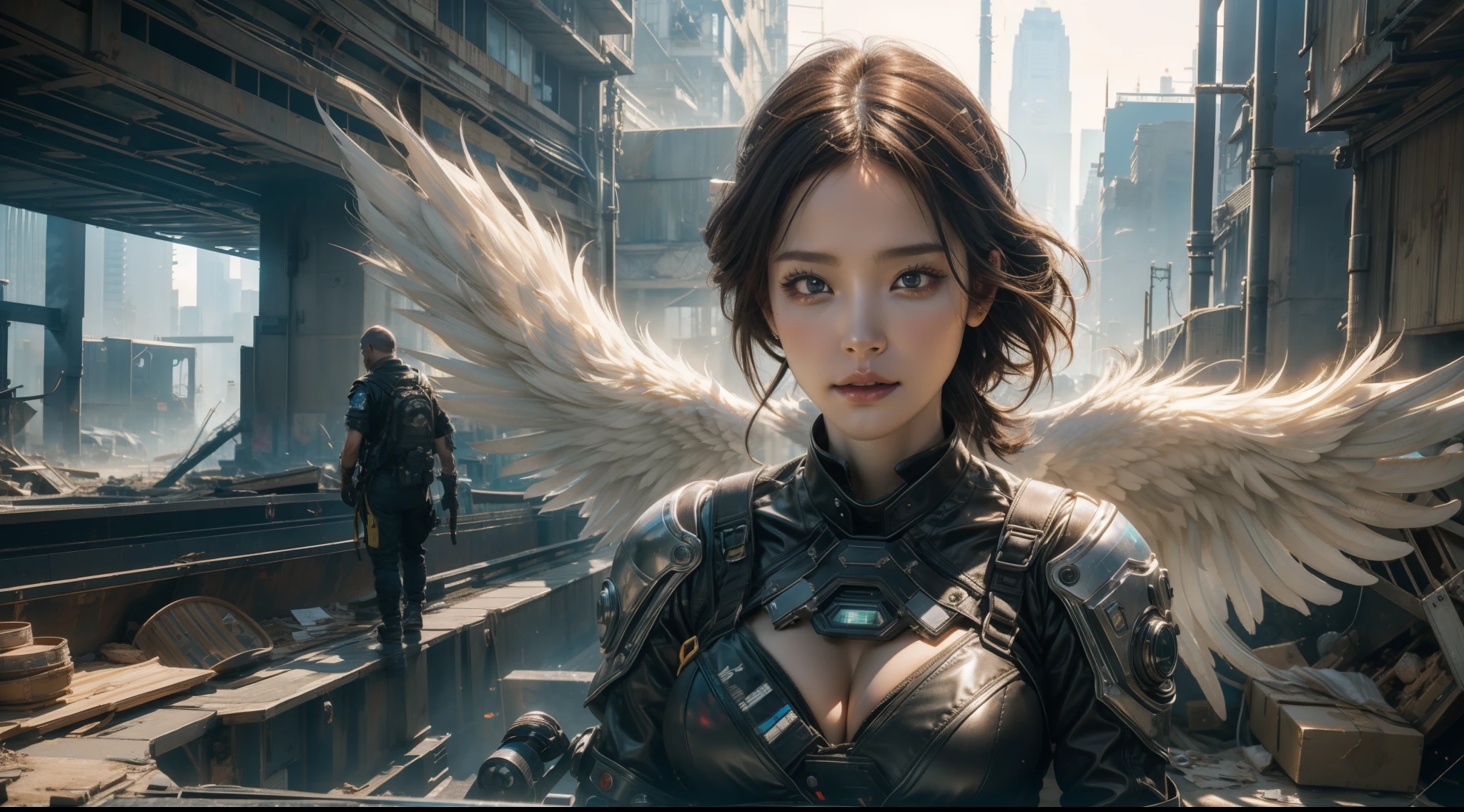 ((best qualtiy)), ((tmasterpiece)), ((Realistis)), (A detailed), (realisticlying:1.5),illusory engine, (High detail: 1.9),(femele:1.4),(big breasts beautiful: 1.4),(carismatic:1.3), (Large breasts), Female angel,Black feathered wings,beuaty girl,beauitful face, looking at viewert, dynamicposes, postapocalyptic, Destroyed city background, scientific fiction, hdr, Ray traching, NVIDIA RTX, Hyper-Resolution, Unreal 5, sub surface scattering, PBR textures, Post-processing, Anisotropic filtering, depth of fields, Maximum clarity and sharpness, trichotomy,8K original,(Luminous Particle:1.4),(VerydetailedCG,Unity 8k壁纸,cinmatic lighting,lens flare glow),Reflectors,Sharp focus,black toga