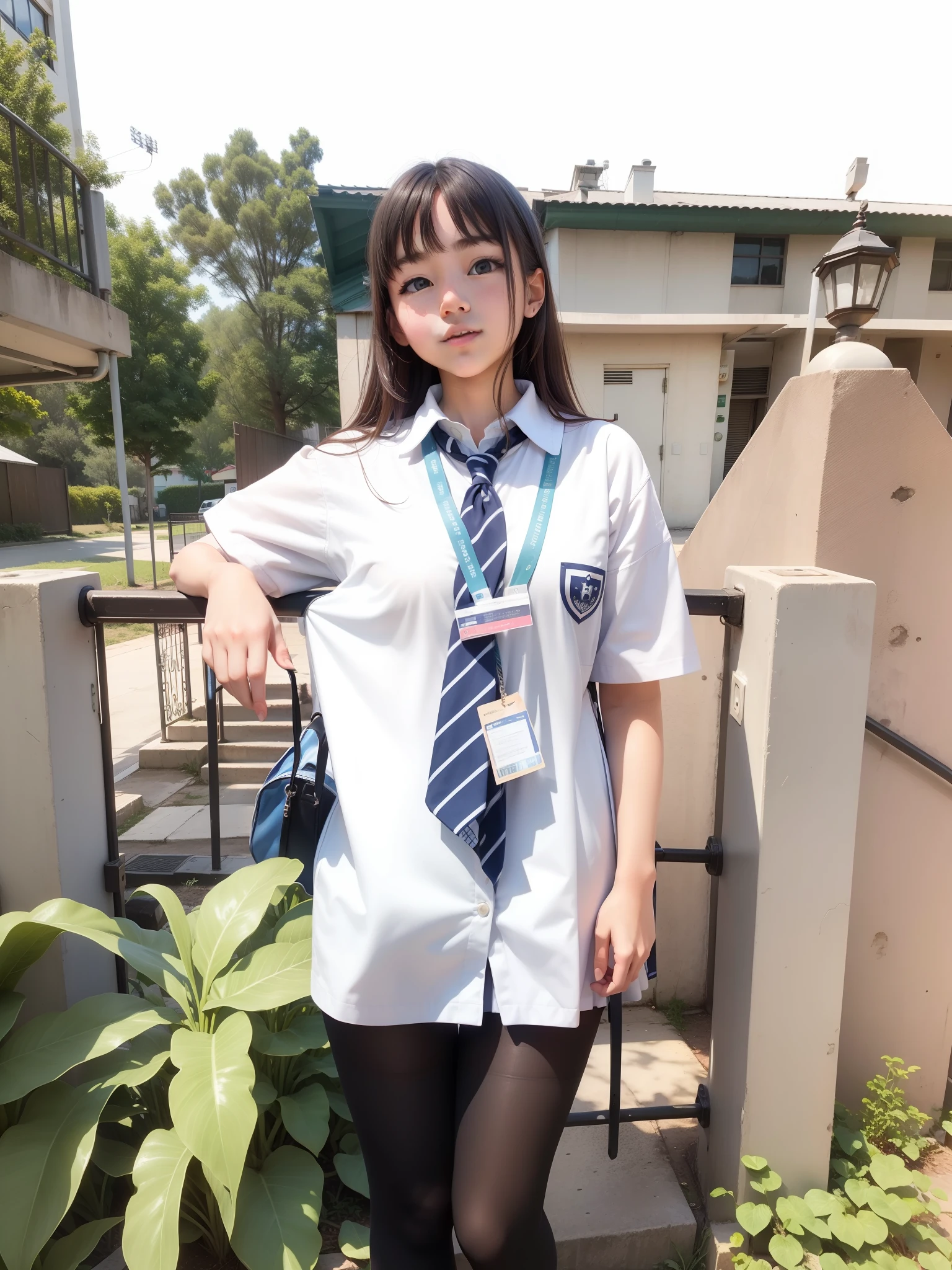 A cute girl wearing school dress sunlight shining on her, teenage, realistic, lookalike, look alike