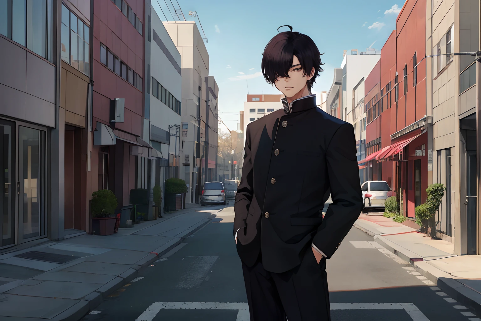 (masterpiece:1.2), best quality, intricate, stunning, extremely detailed, absurdres, illustration, line art, cinematic shot, high school boy, tall, athletic, detailed face, detailed eyes, black eyes, black hair, hair over one eye, ahoge, wearing gakuran, detailed fabric emphasis, red buttons, standing, hands in pockets, naoetsu high school building, crosswalk,