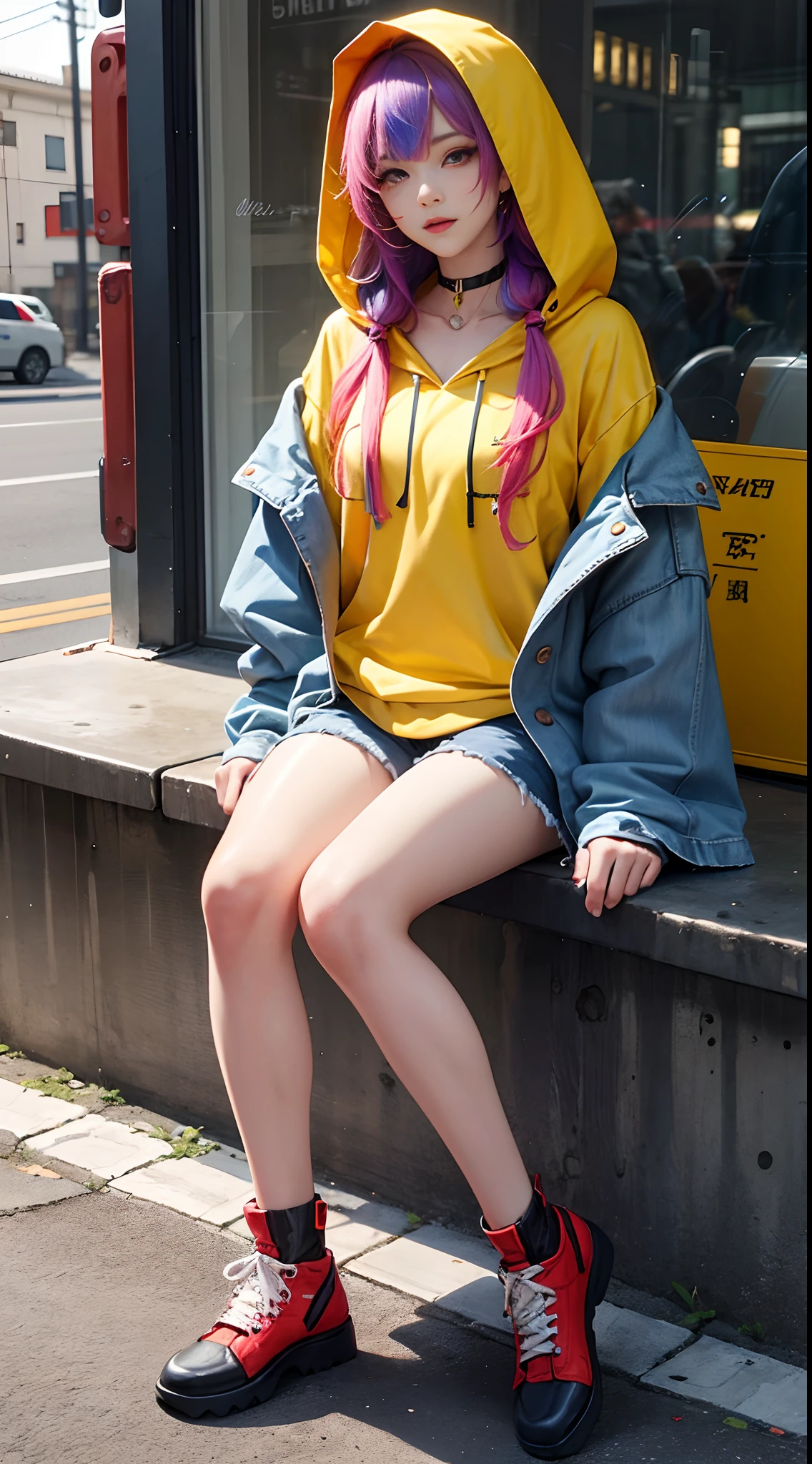 Rainbow gradient long hair girl in yellow hood，Hood covers your face，Bust photo，posing on a，ssmile，Hands exposed。sitting on a curb。Red daddy shoes，denim short，，ssmile，耳Nipple Ring，choker necklace